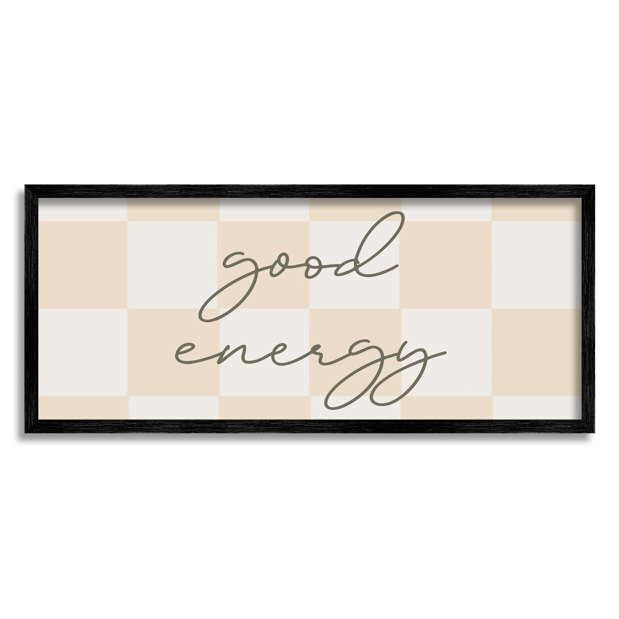 Stupell Industries Good Energy Script Checkered Neutral Beige Tones Graphic Art Black Framed Art Print Wall Art, Design by Daphne Polselli