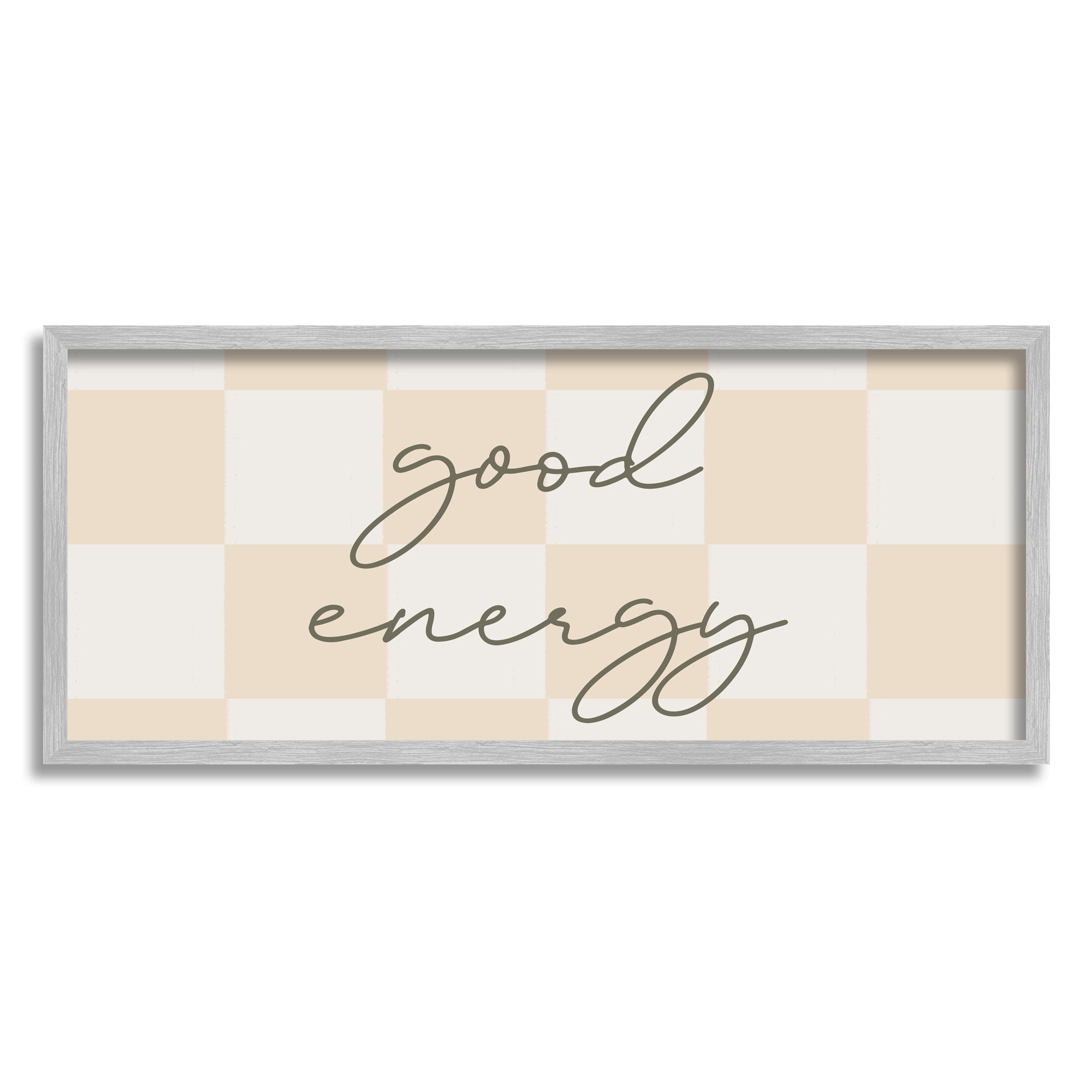 Stupell Industries Good Energy Script Checkered Neutral Beige Tones Graphic Art Gray Framed Art Print Wall Art, Design by Daphne Polselli