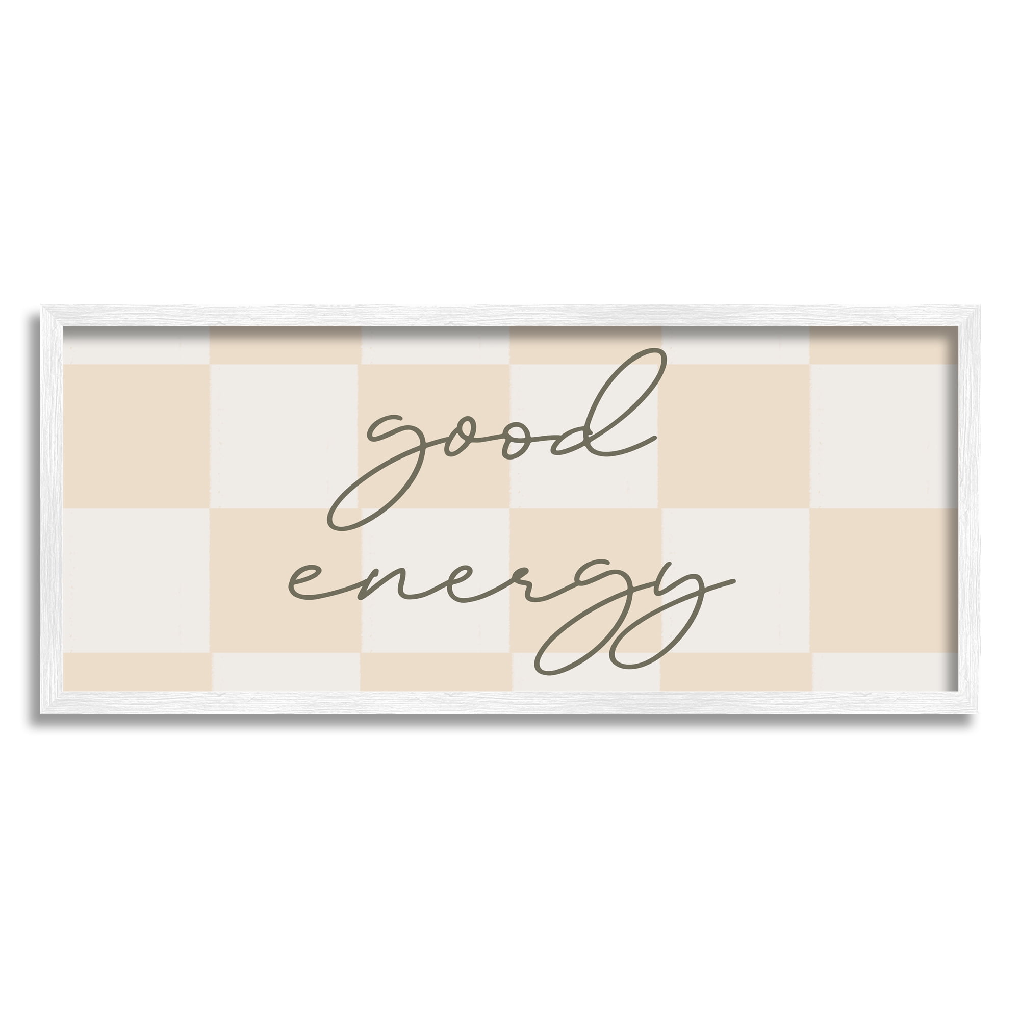 Stupell Industries Good Energy Script Checkered Neutral Beige Tones Graphic Art White Framed Art Print Wall Art, Design by Daphne Polselli
