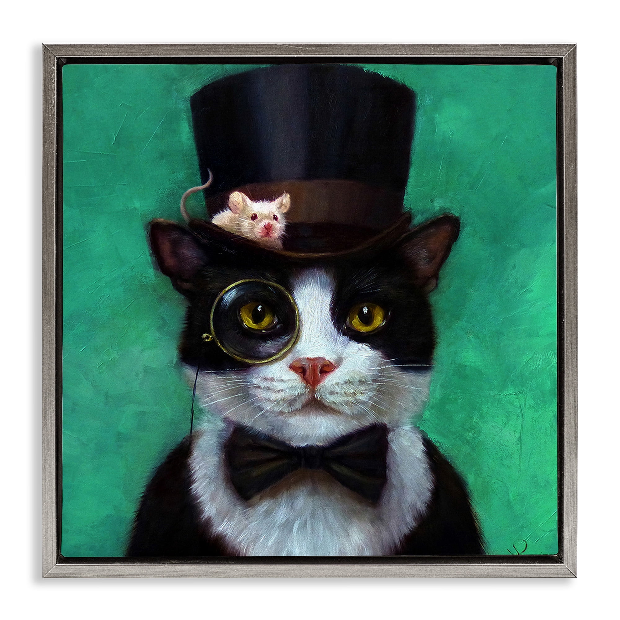 Stupell Industries Good Sir Top Hat Cat Animals & Insects Painting Gray Floater Framed Canvas Art Print Wall Art, 25 x 25