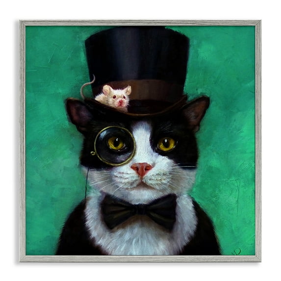 Stupell Industries Good Sir Top Hat Cat Animals & Insects Painting Gray Framed Art Print Wall Art, 17 x 17