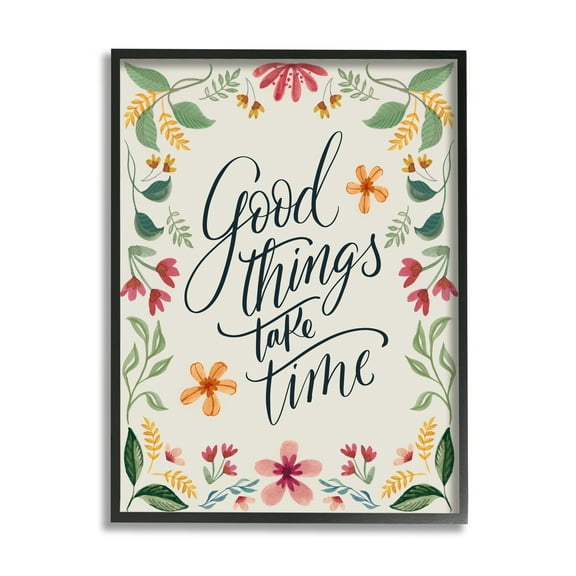 Stupell Industries Good Things Take Time Phrase Botanical & Floral Painting Black Framed Art Print Wall Art, 11 x 14