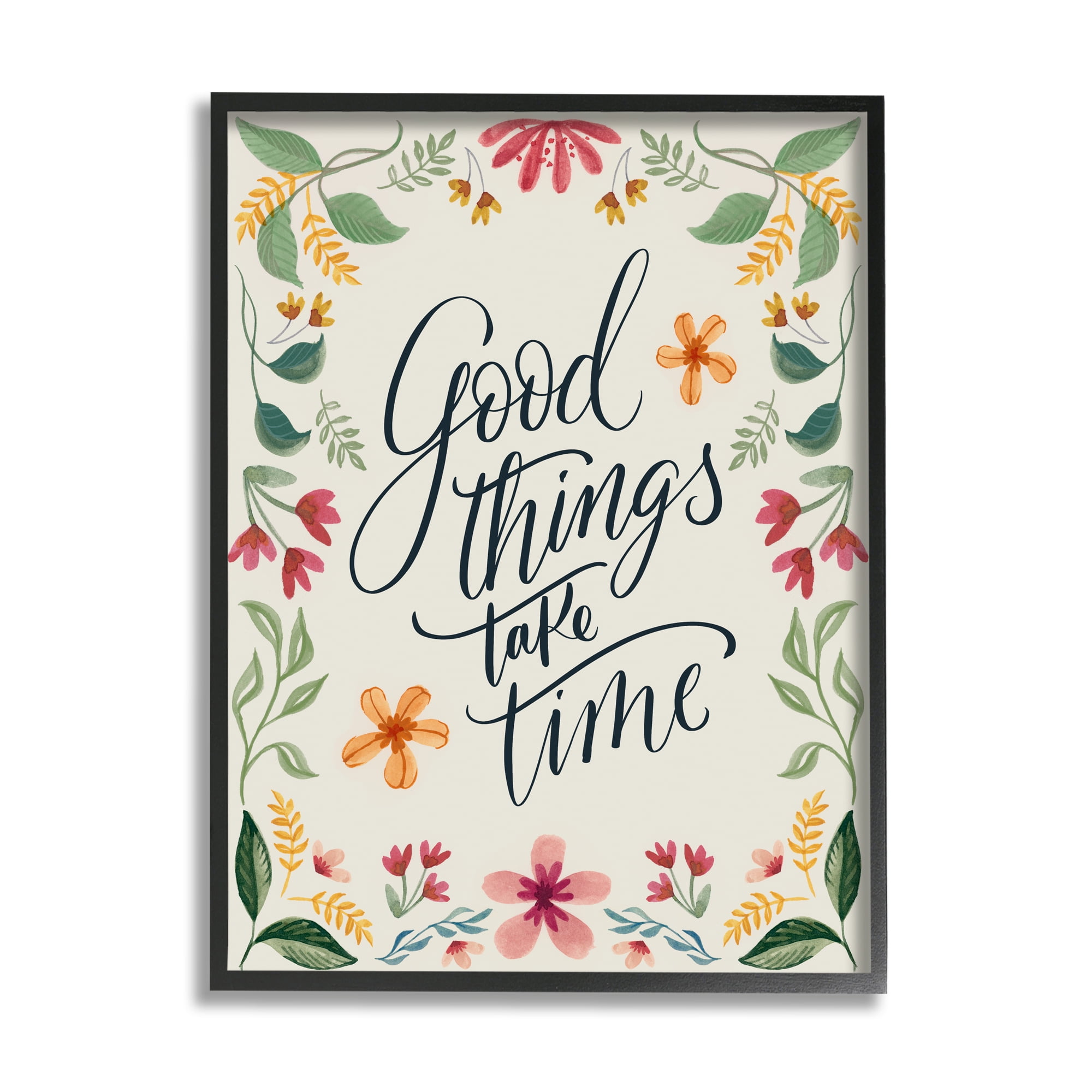 Stupell Industries Good Things Take Time Phrase Botanical & Floral Painting Black Framed Art Print Wall Art, 16 x 20