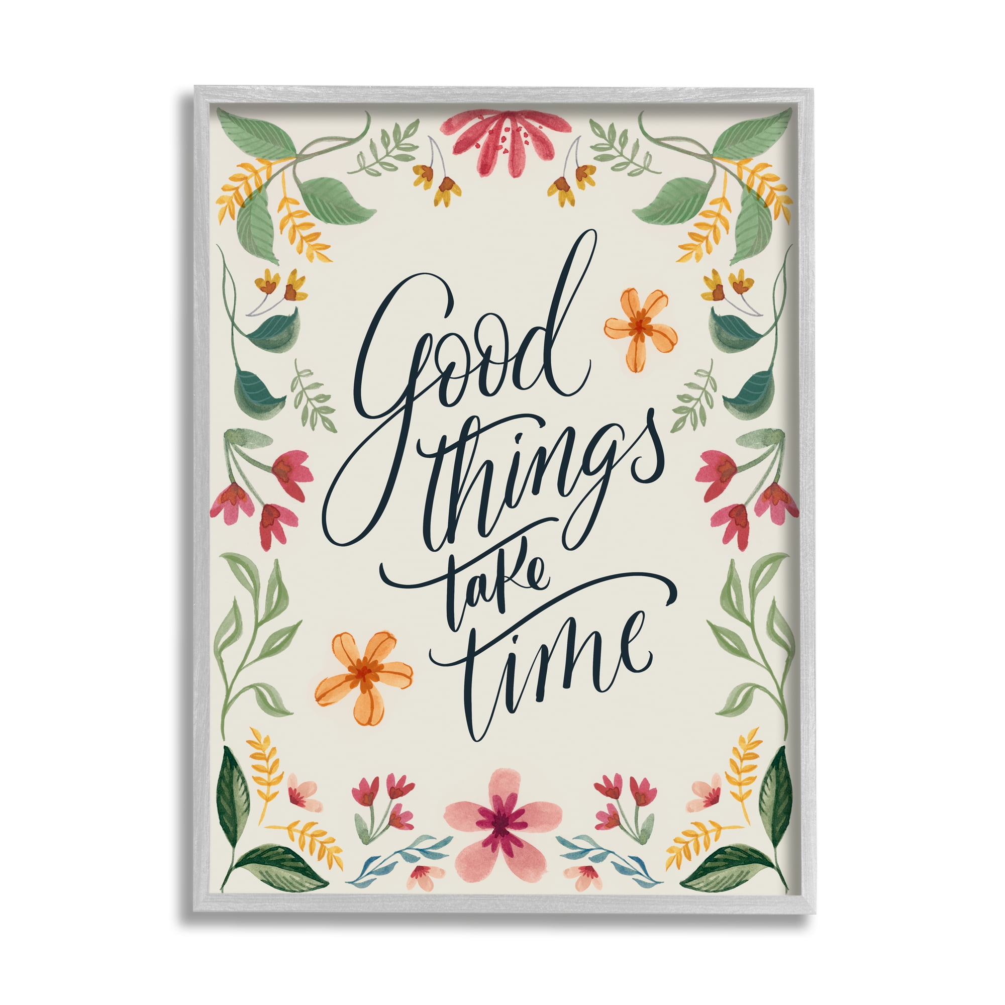 Stupell Industries Good Things Take Time Phrase Botanical & Floral Painting Gray Framed Art Print Wall Art, 11 x 14
