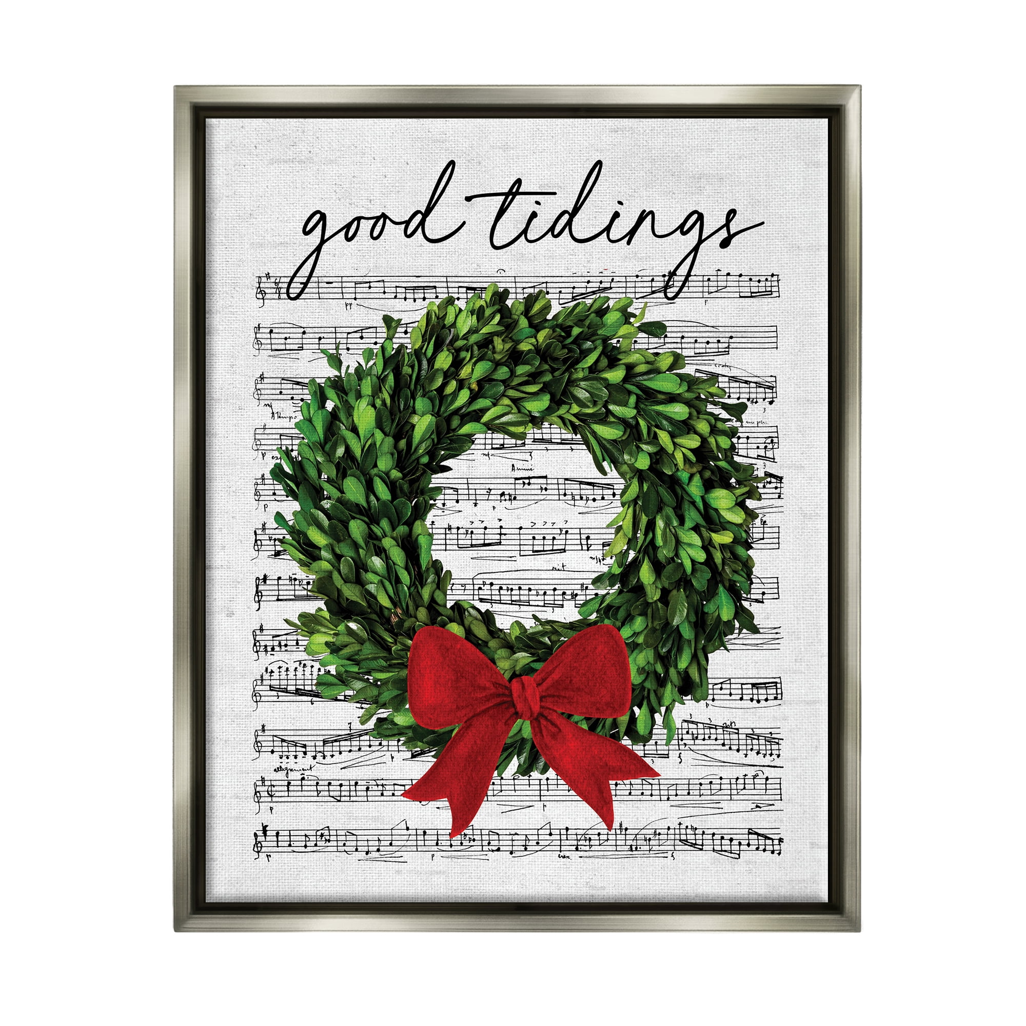 Stupell Industries Good Tidings Holiday Wreath Holiday Painting Gray Floater Framed Canvas Art Print Wall Art, 25 x 31