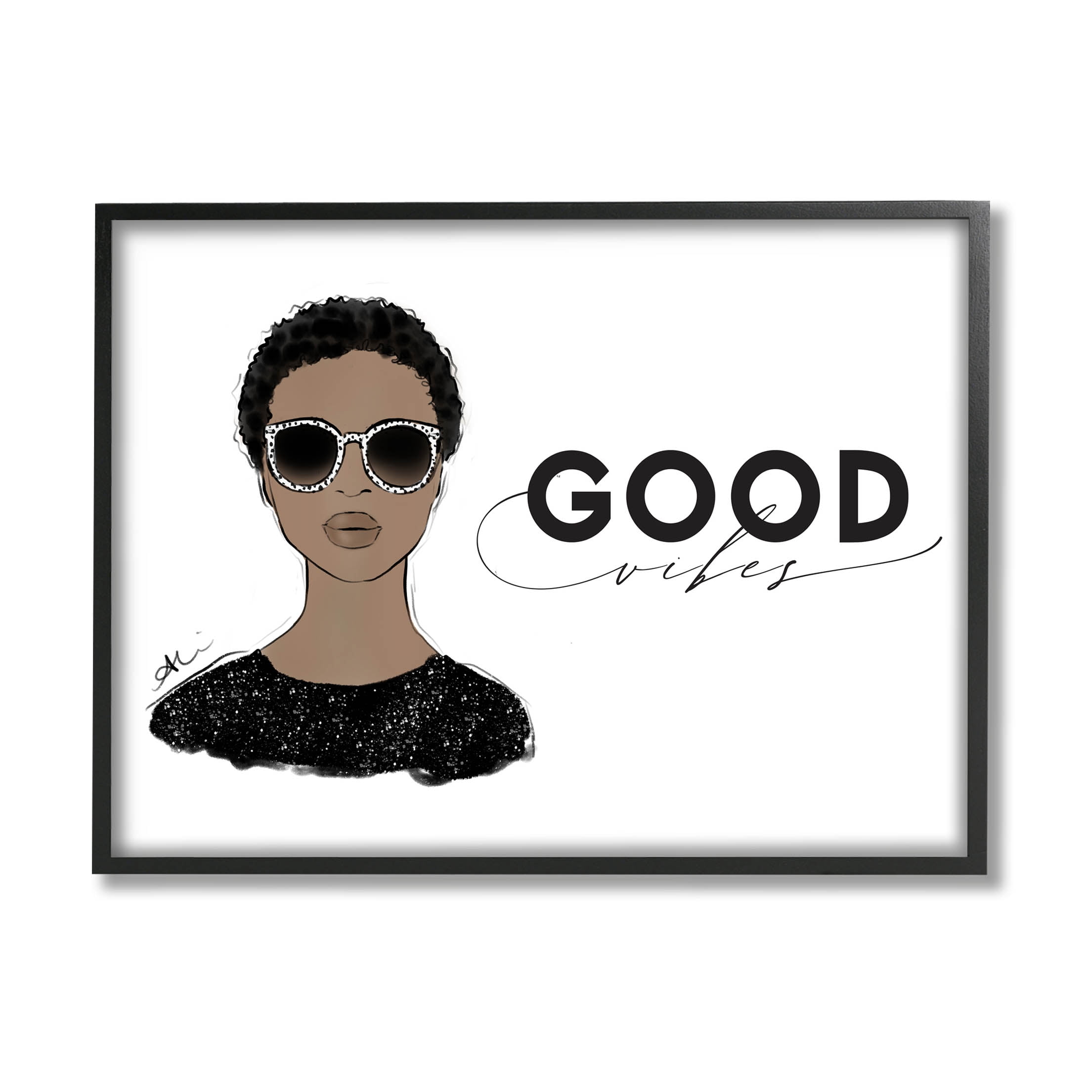 Stupell Industries Good Vibes Glam Portrait Graphic Art Black Framed Art Print Wall Art, Design by Alison Petrie