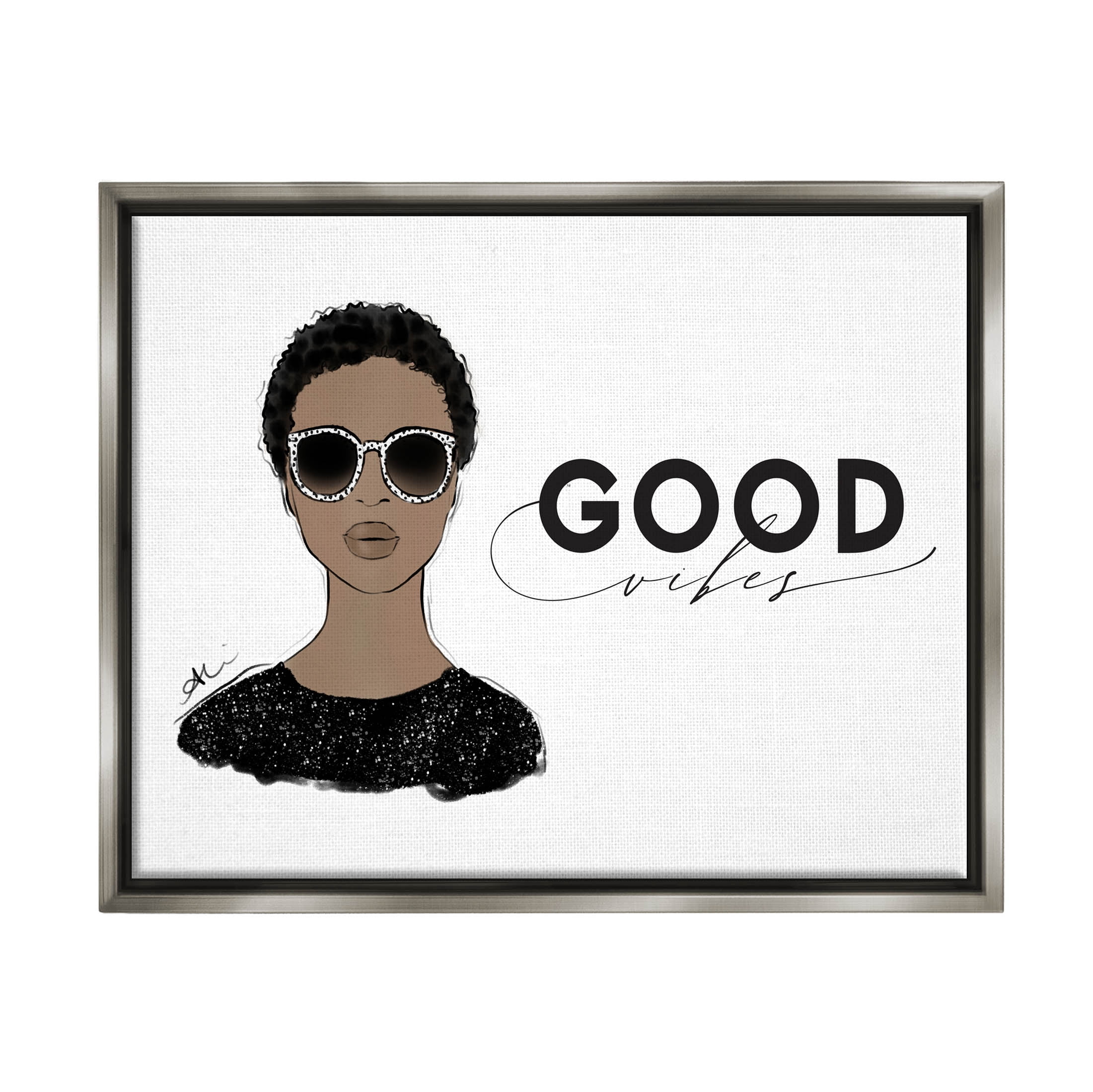 Stupell Industries Good Vibes Glam Portrait Graphic Art Luster Gray Floating Framed Canvas Print Wall Art, Design by Alison Petrie