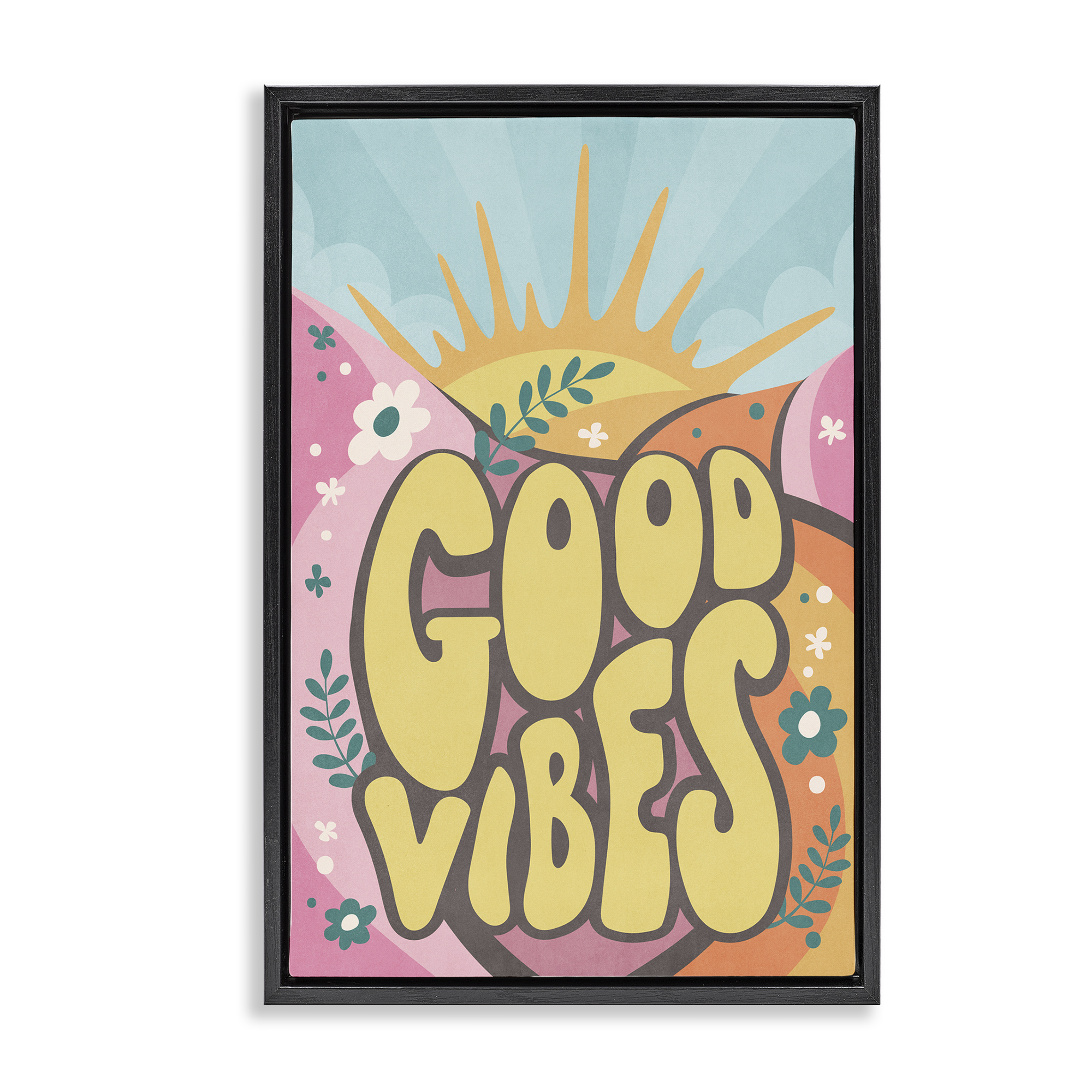 Stupell Industries Good Vibes Groovy Nature Text & Numbers Painting Black Floater Framed Canvas Art Print Wall Art, 21 x 31