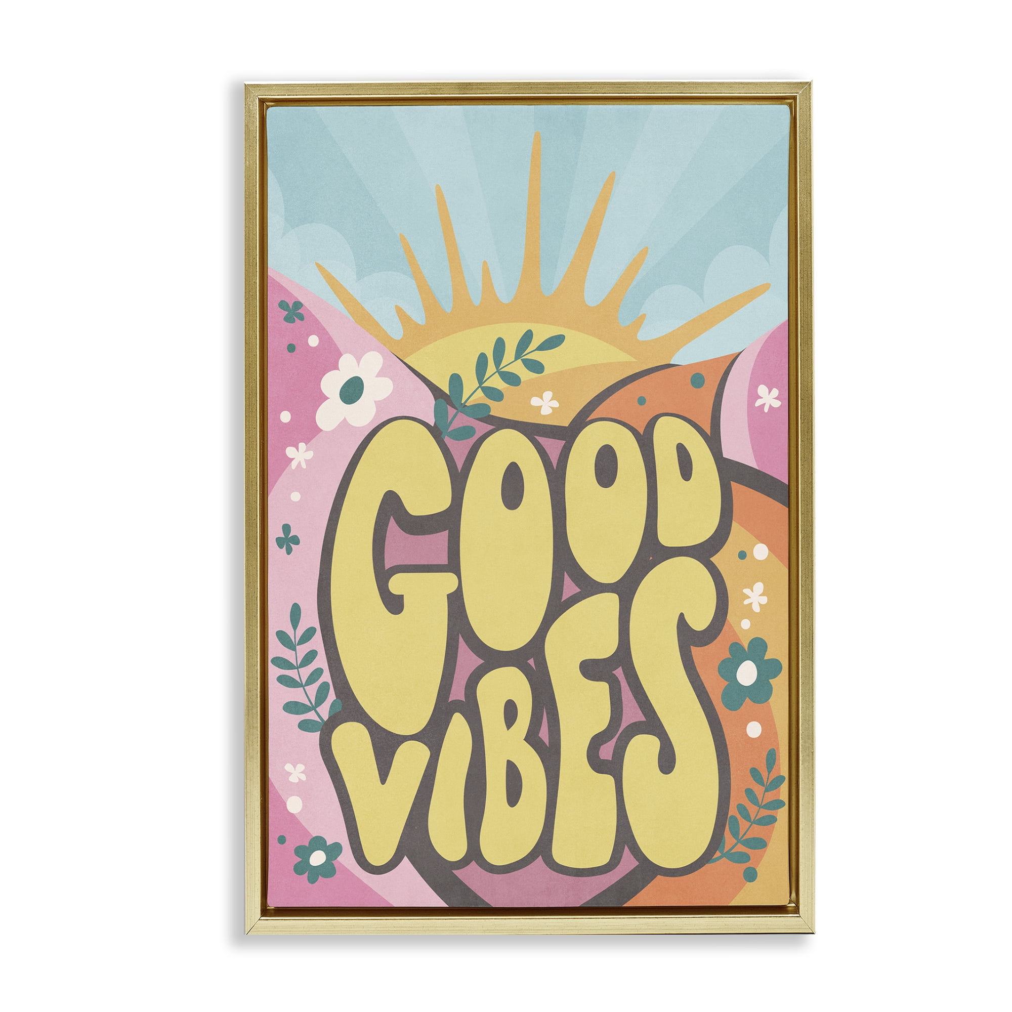 Stupell Industries Good Vibes Groovy Nature Text & Numbers Painting Gold Floater Framed Canvas Art Print Wall Art, 21 x 31