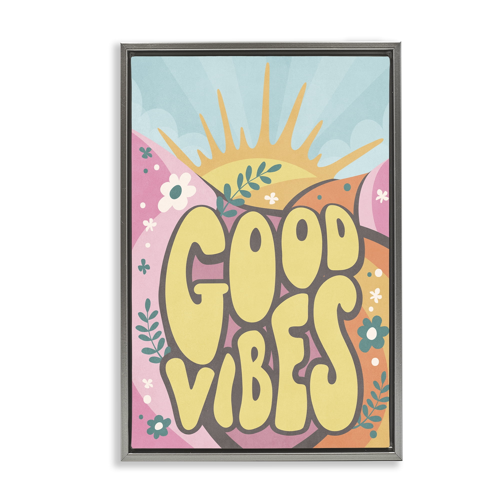 Stupell Industries Good Vibes Groovy Nature Text & Numbers Painting Gray Floater Framed Canvas Art Print Wall Art, 21 x 31