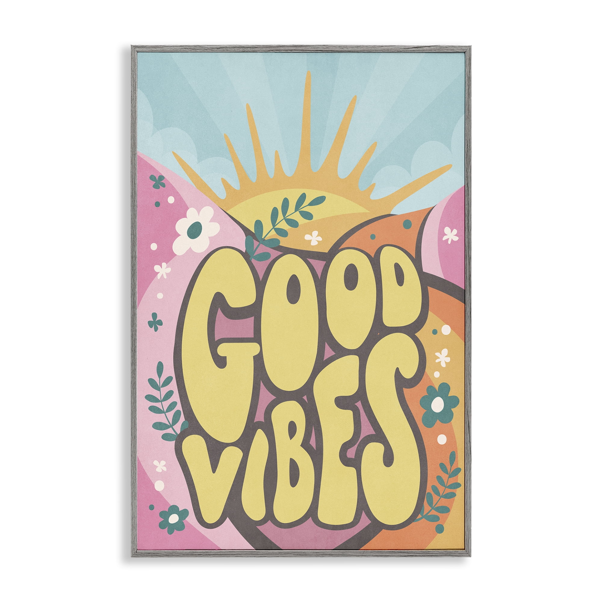 Stupell Industries Good Vibes Groovy Nature Text & Numbers Painting Gray Framed Art Print Wall Art, 16 x 24