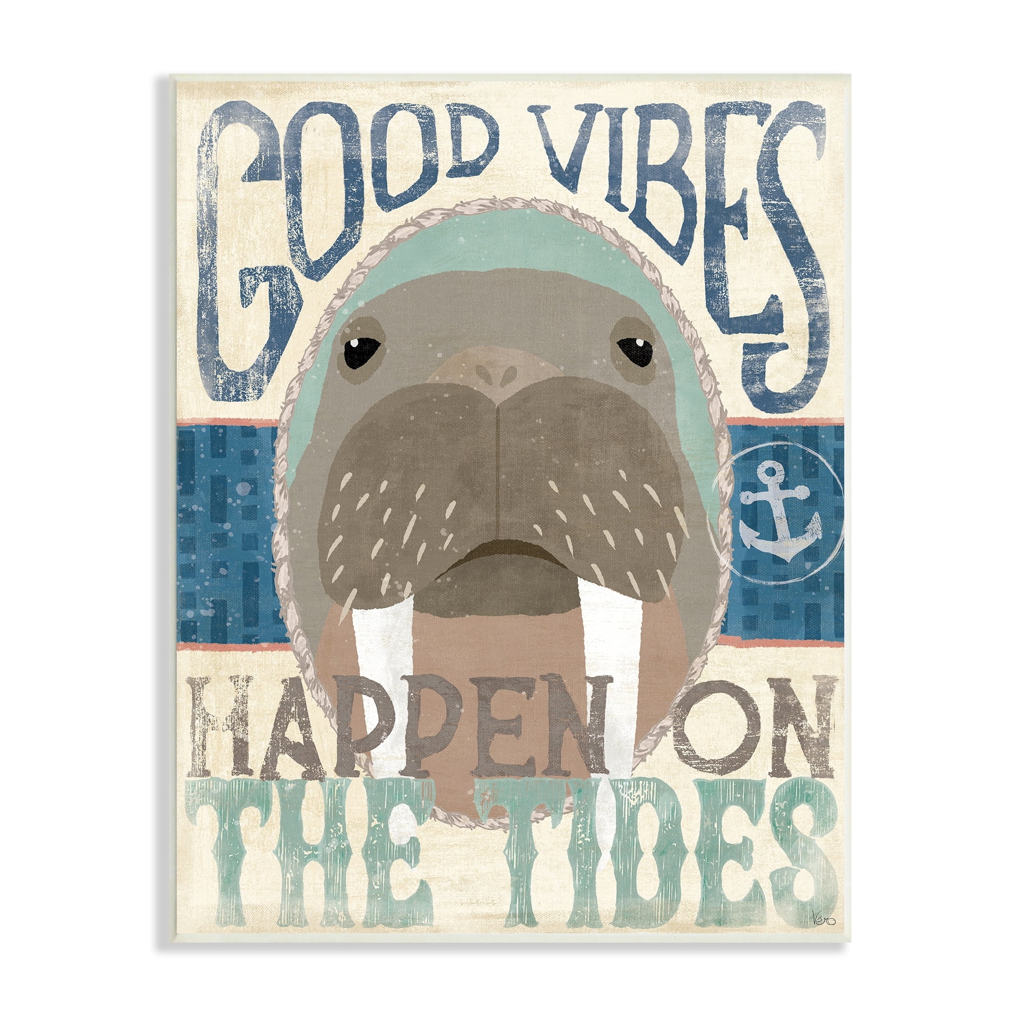 Stupell Industries Good Vibes Happen On Tides Nautical Phrase Walrus, 10 x 15, Design by Veronique Charron