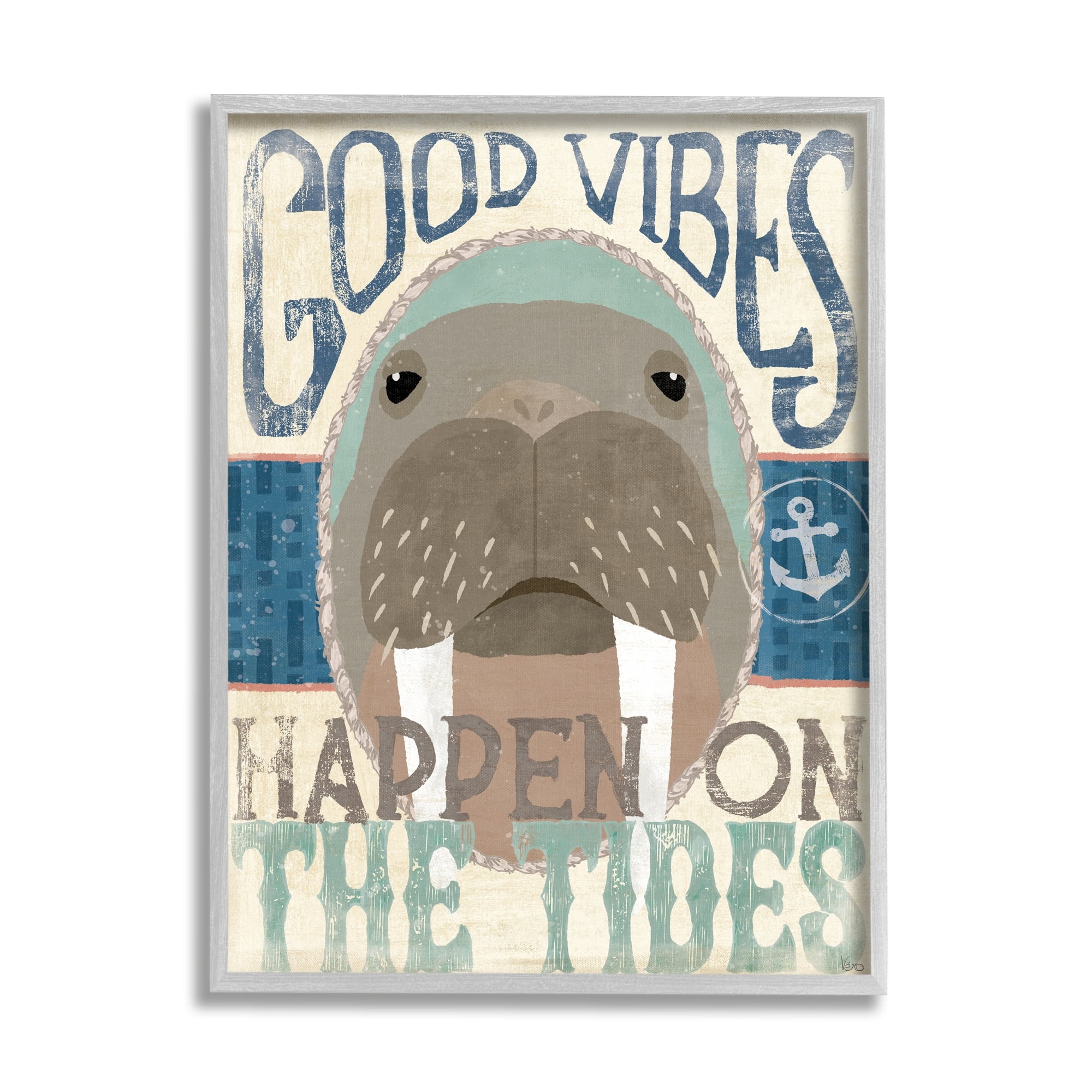 Stupell Industries Good Vibes Happen On Tides Nautical Phrase Walrus, 24 x 30, Design by Veronique Charron