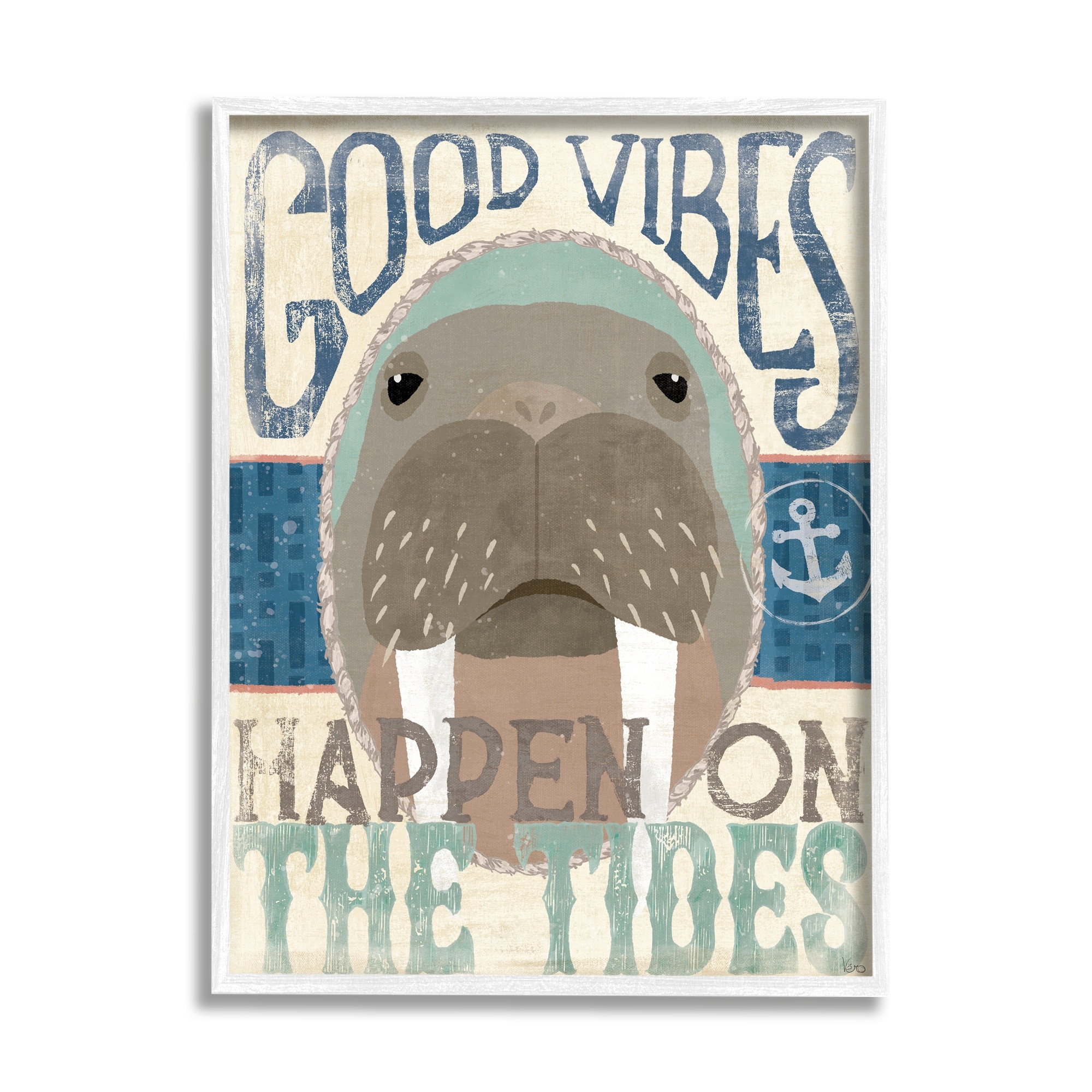 Stupell Industries Good Vibes Happen On Tides Nautical Phrase Walrus, 24 x 30, Design by Veronique Charron
