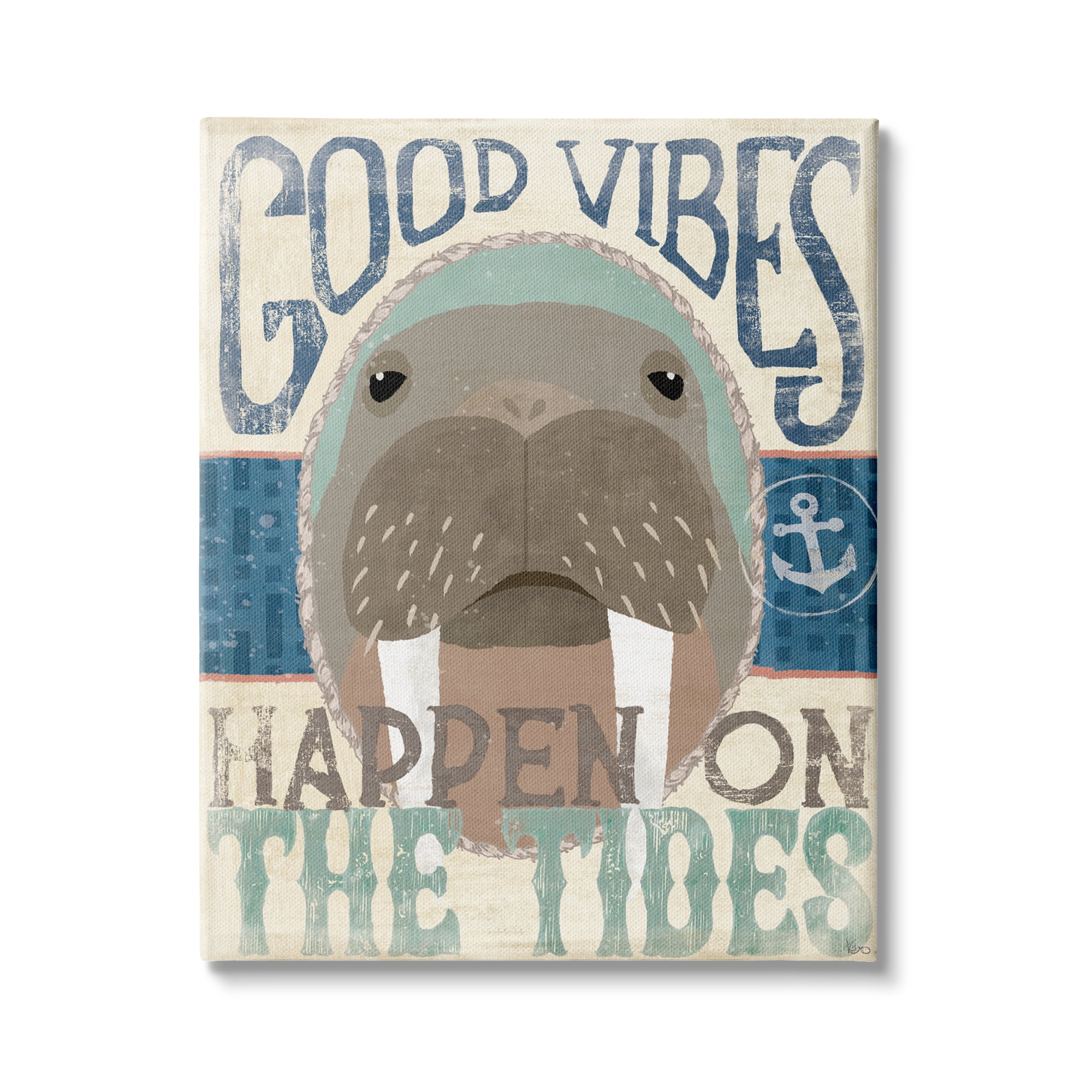 Stupell Industries Good Vibes Happen On Tides Nautical Phrase Walrus, 36 x 48, Design by Veronique Charron