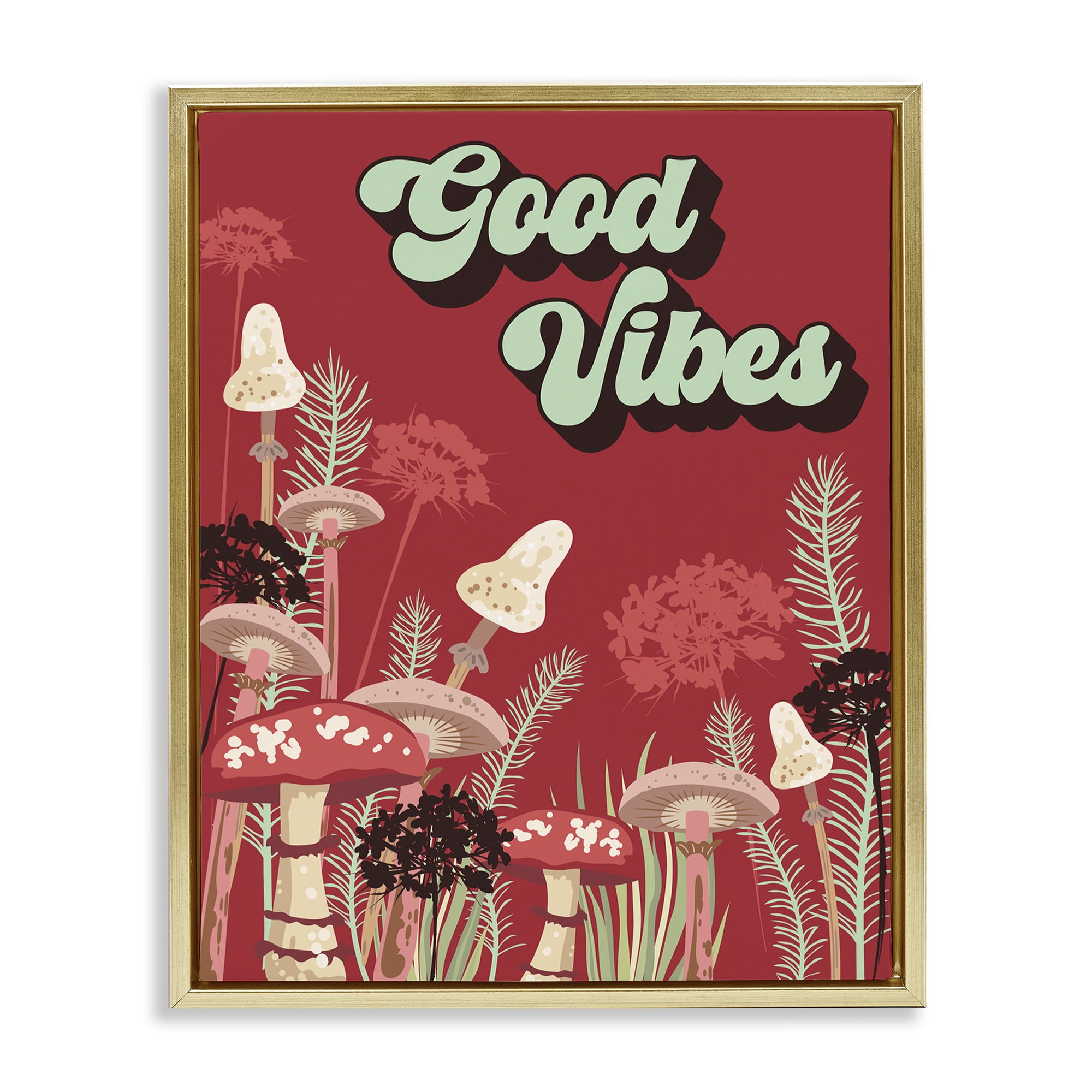Stupell Industries Good Vibes Mushrooms Botanical & Floral Painting Gold Floater Framed Art Print Wall Art, 25 x 31