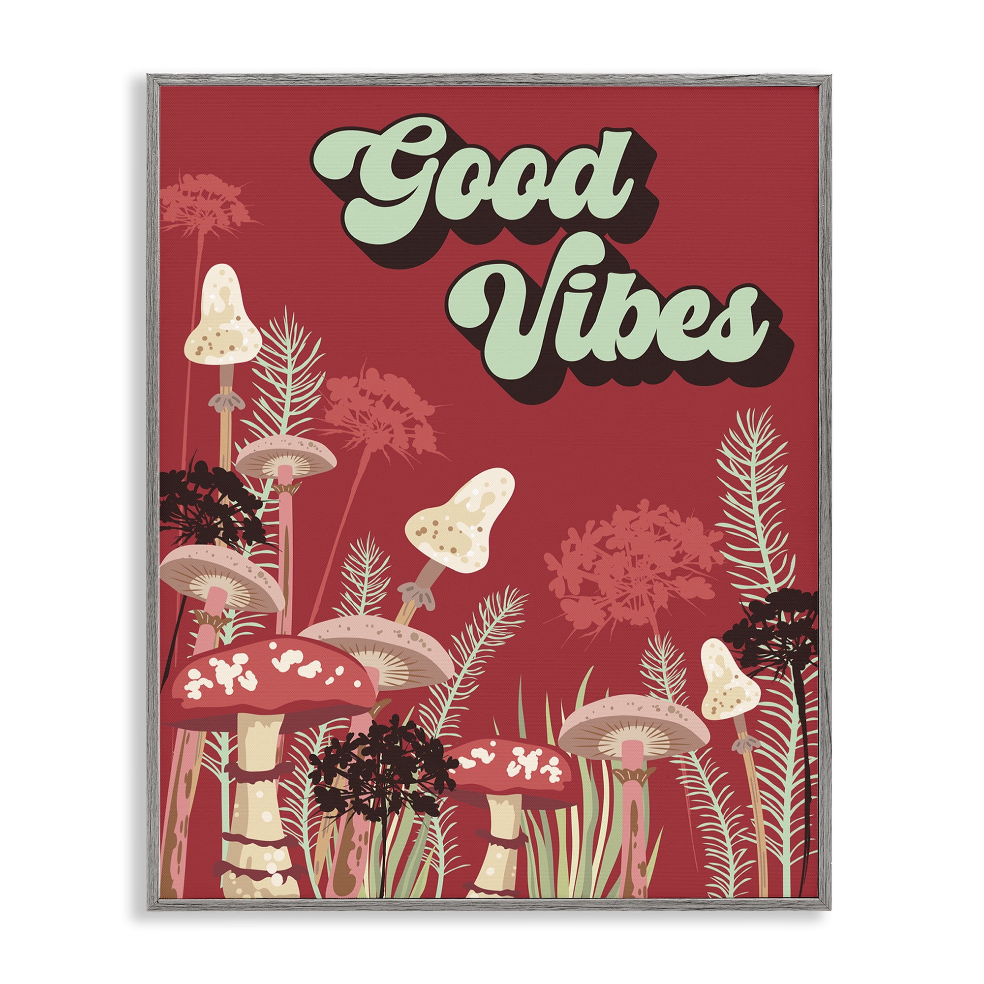 Stupell Industries Good Vibes Mushrooms Botanical & Floral Painting Gray Framed Art Print Wall Art, 16 x 20