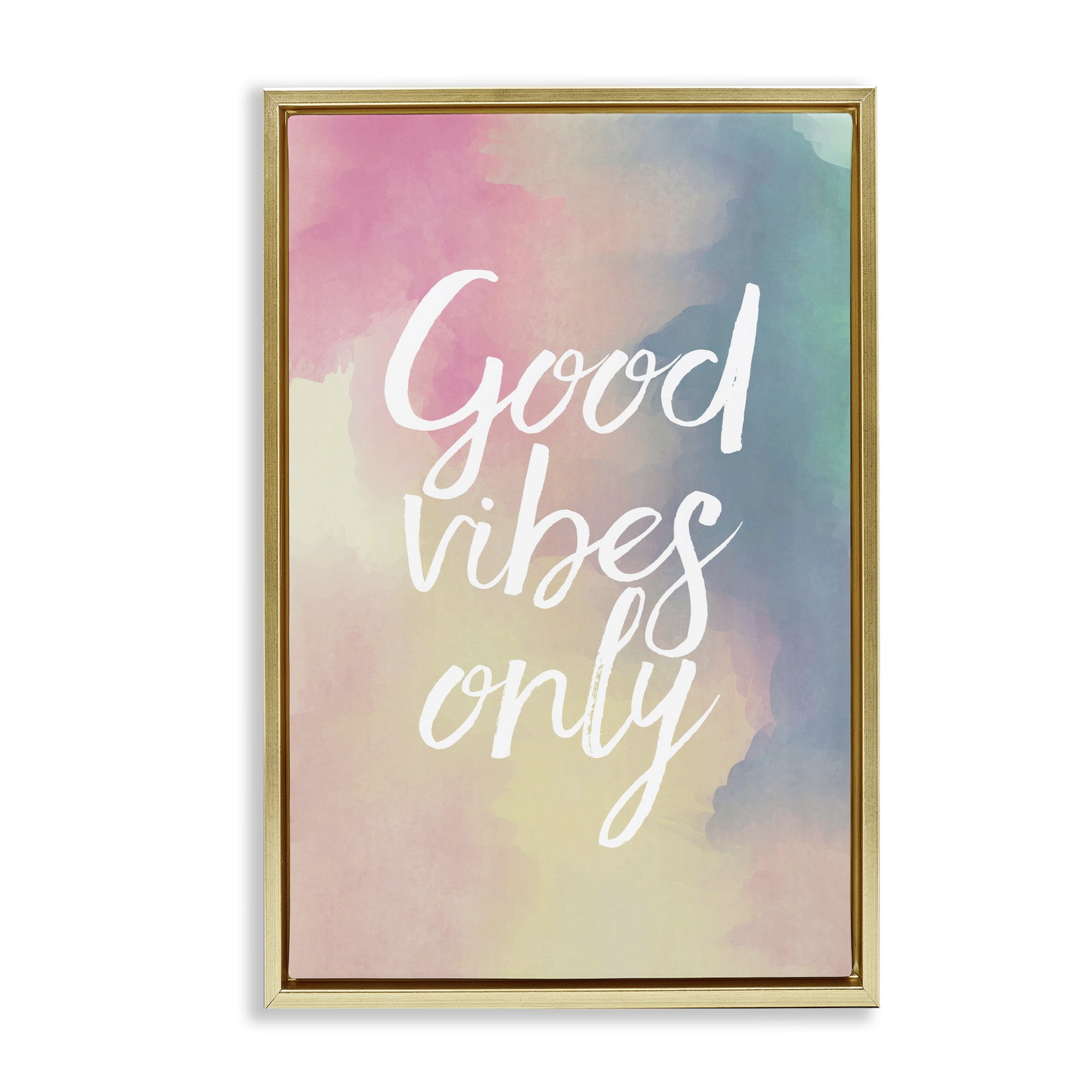 Stupell Industries Good Vibes Only Ombre Typography Painting Gold Floater Framed Art Print Wall Art, 17 x 25