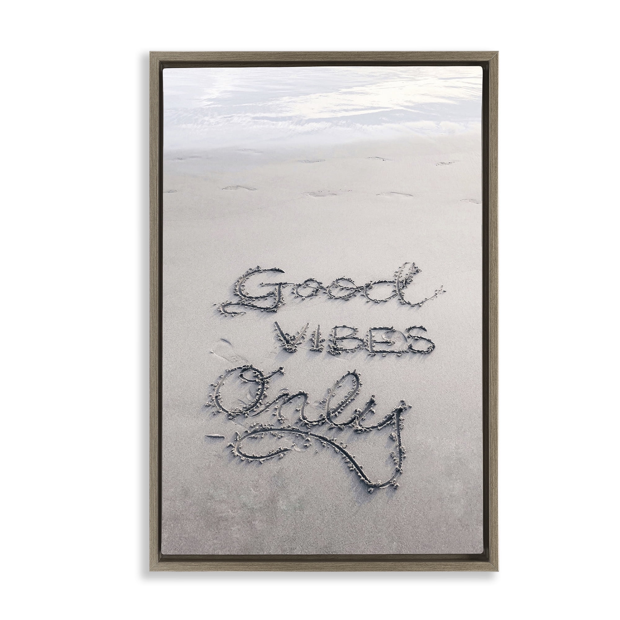 Stupell Industries Good Vibes Only in Sand Nautical & Beach Photography Brown Floater Framed Canvas Art Print Wall Art, 17 x 25