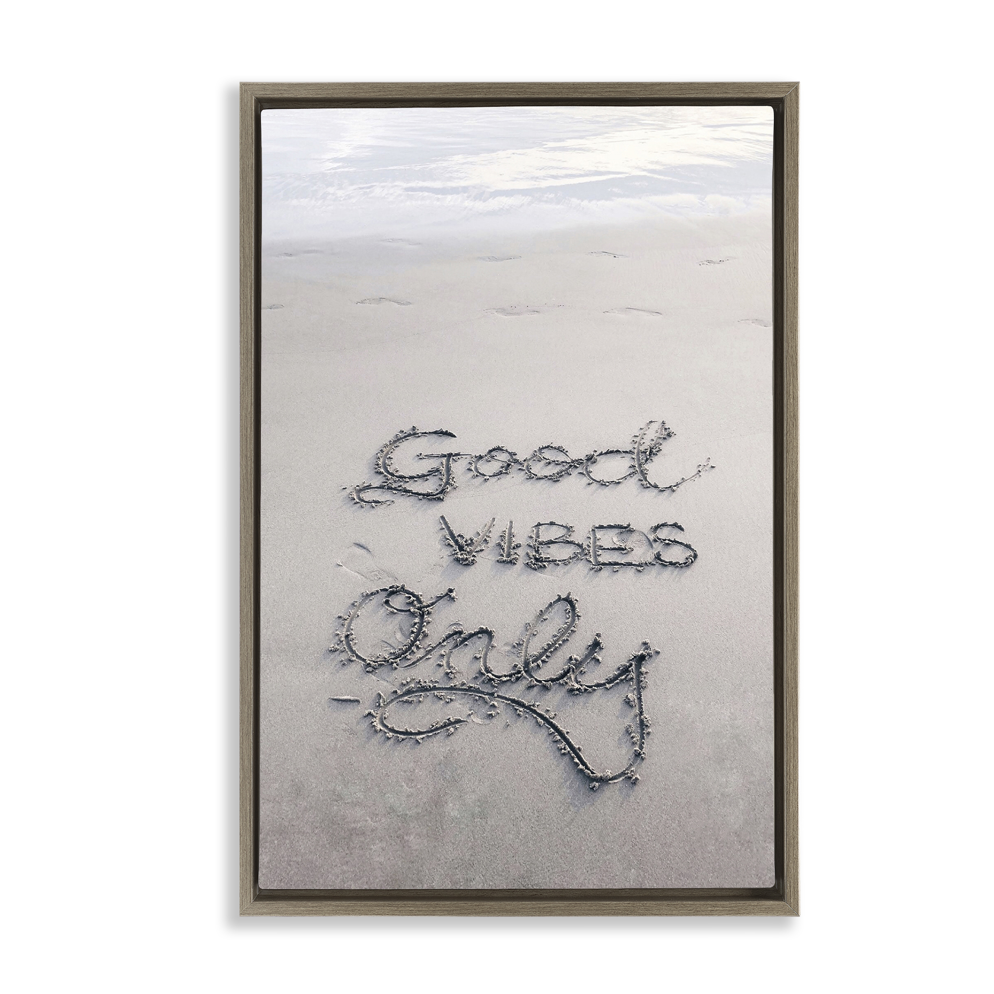 Stupell Industries Good Vibes Only in Sand Nautical & Beach Photography Brown Floater Framed Canvas Art Print Wall Art, 21 x 31