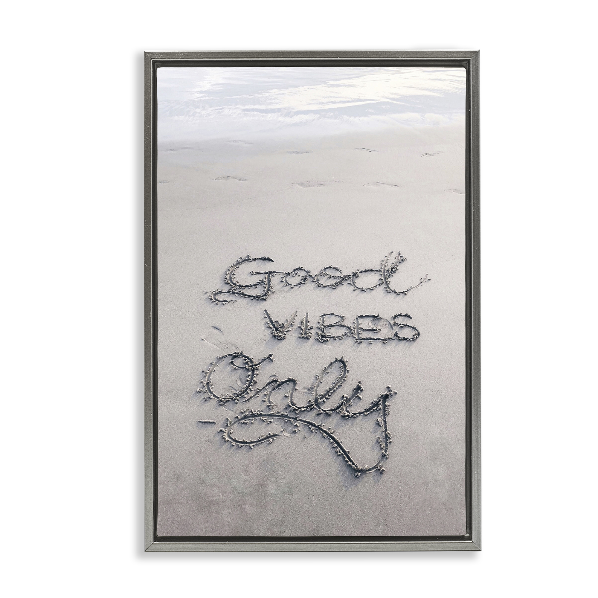 Stupell Industries Good Vibes Only in Sand Nautical & Beach Photography Gray Floater Framed Canvas Art Print Wall Art, 17 x 25