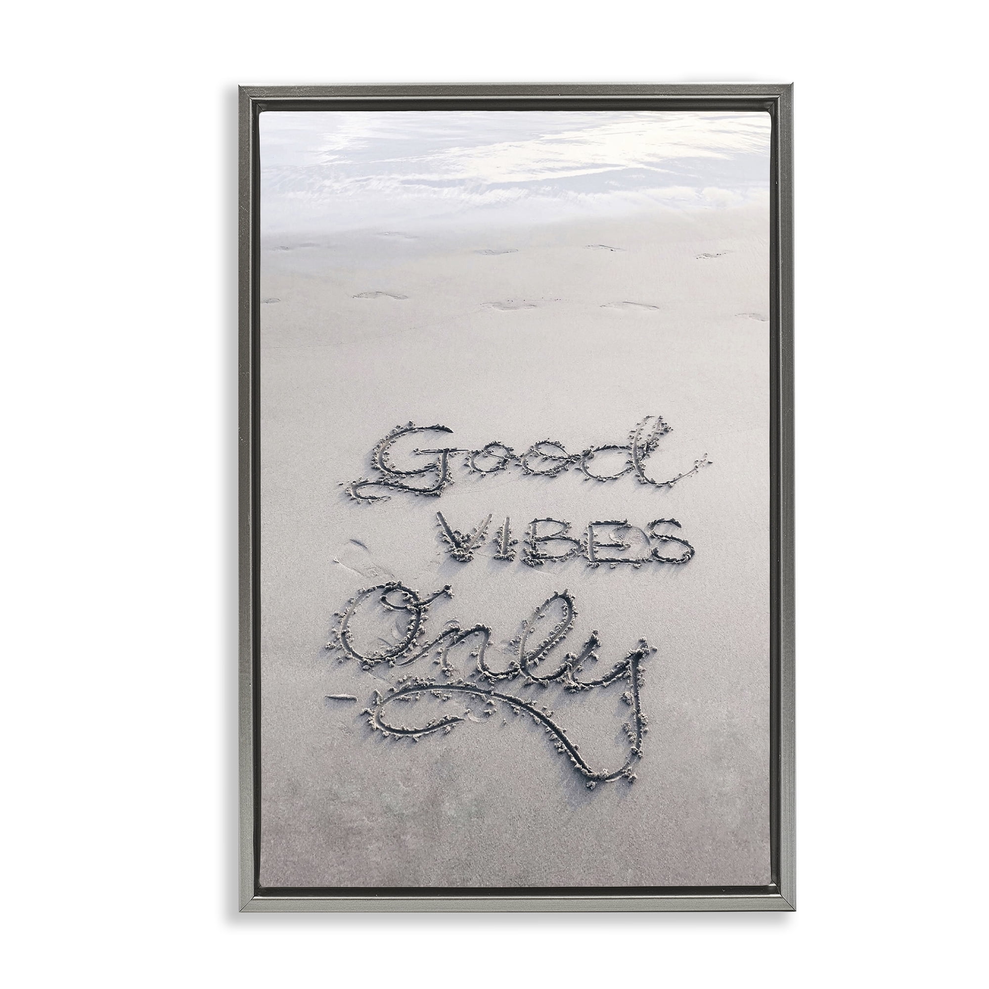 Stupell Industries Good Vibes Only in Sand Nautical & Beach Photography Gray Floater Framed Canvas Art Print Wall Art, 21 x 31