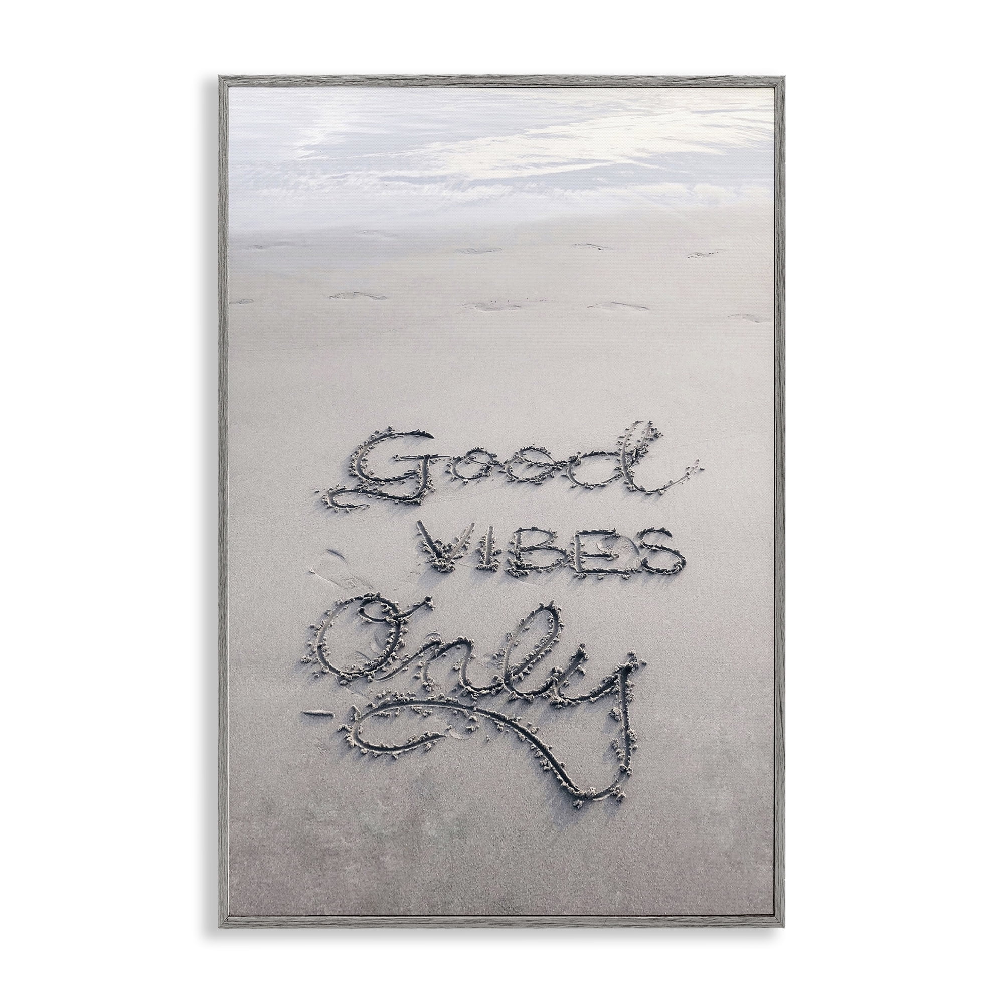 Stupell Industries Good Vibes Only in Sand Nautical & Beach Photography Gray Framed Art Print Wall Art, 12 x 18