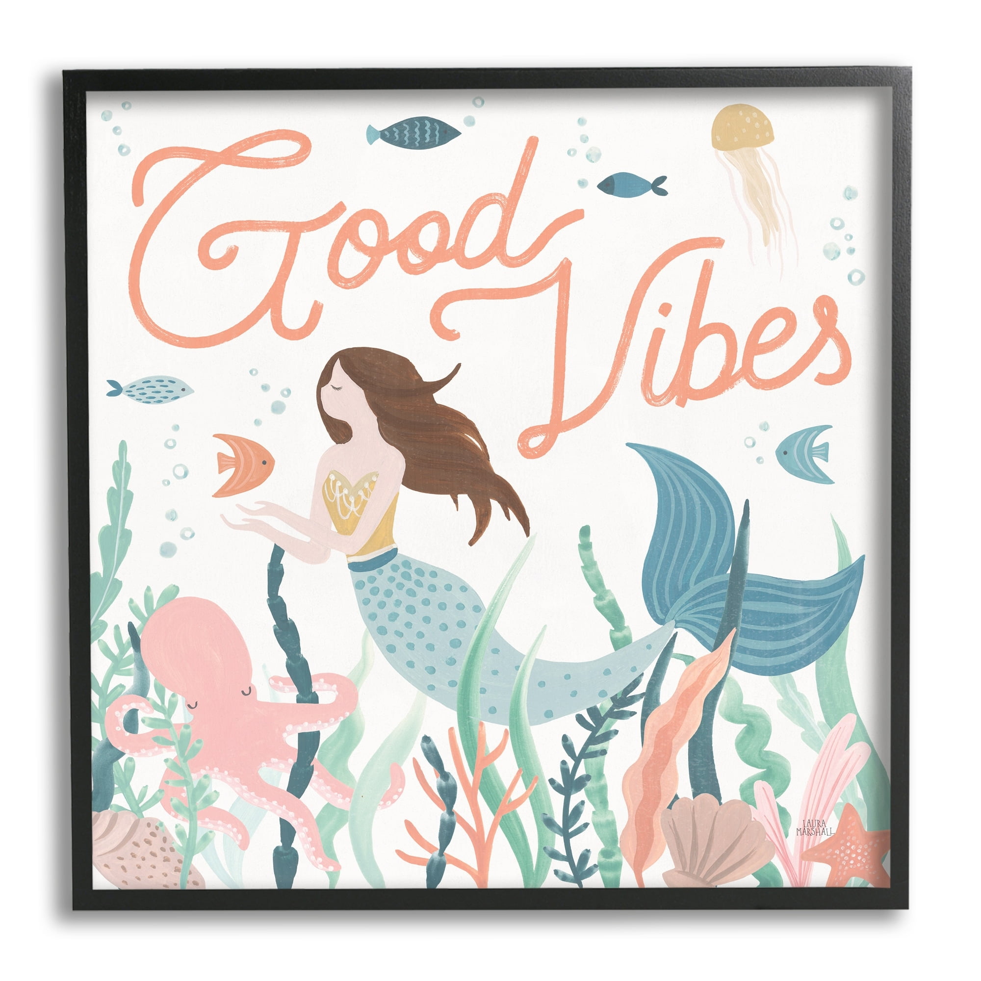 Stupell Industries Good Vibes Phrase Children's Mermaid Under Water Fish, 17 x 30,Design by Laura Marshall