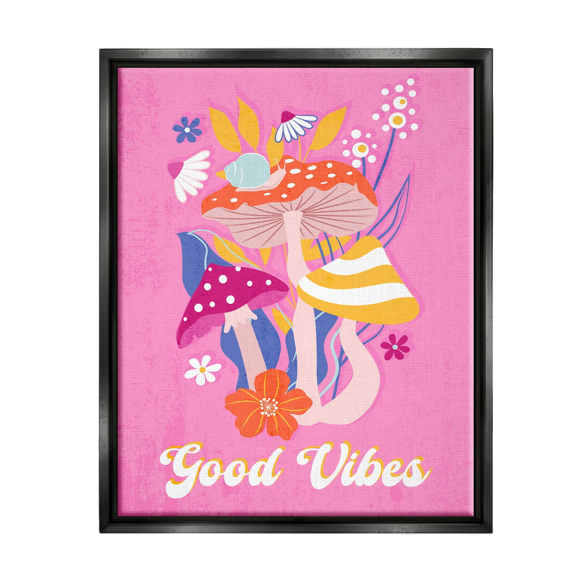 Stupell Industries Good Vibes Retro Mushrooms Botanical & Floral Painting Black Floater Framed Canvas Art Print Wall Art, 25 x 31