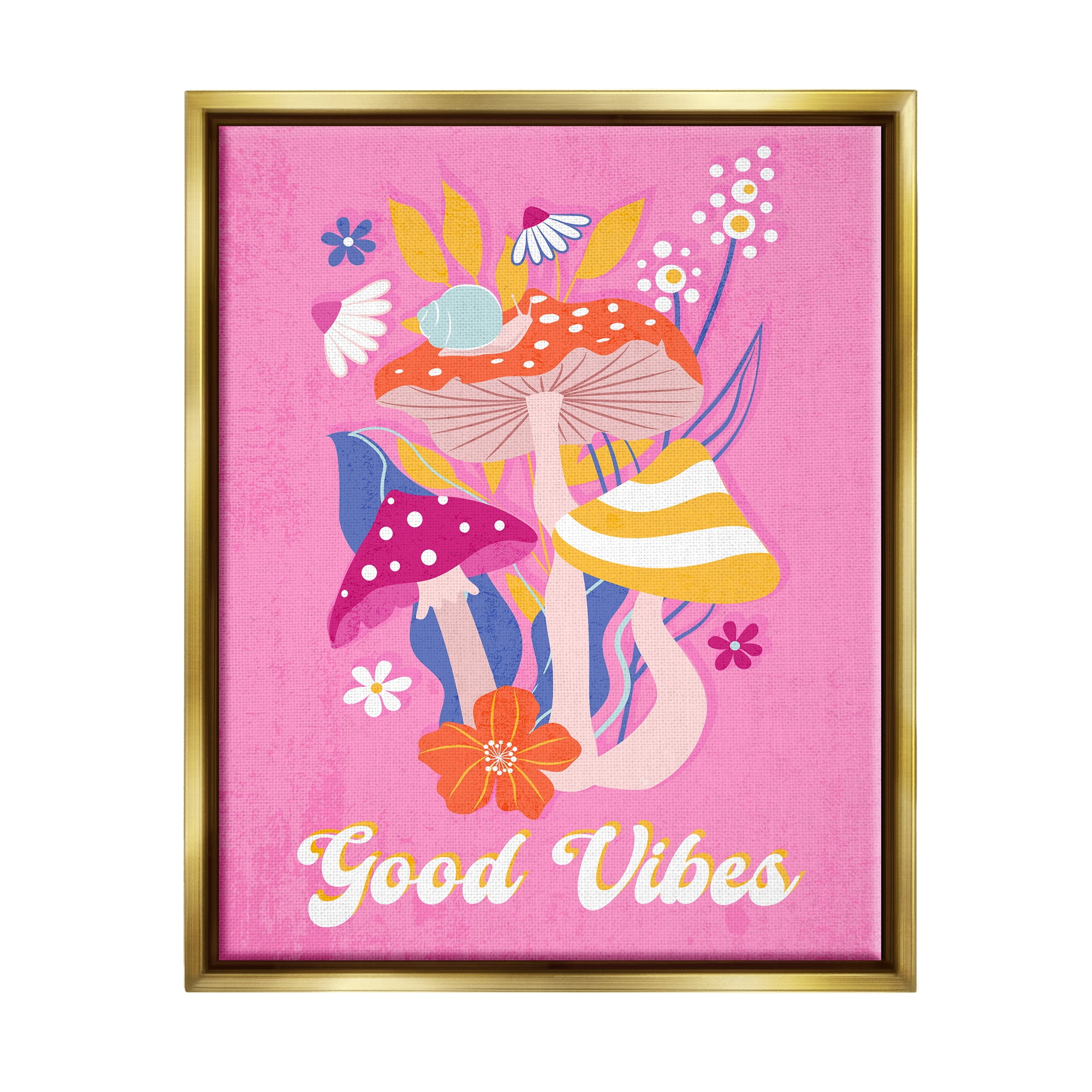 Stupell Industries Good Vibes Retro Mushrooms Botanical & Floral Painting Gold Floater Framed Canvas Art Print Wall Art, 25 x 31