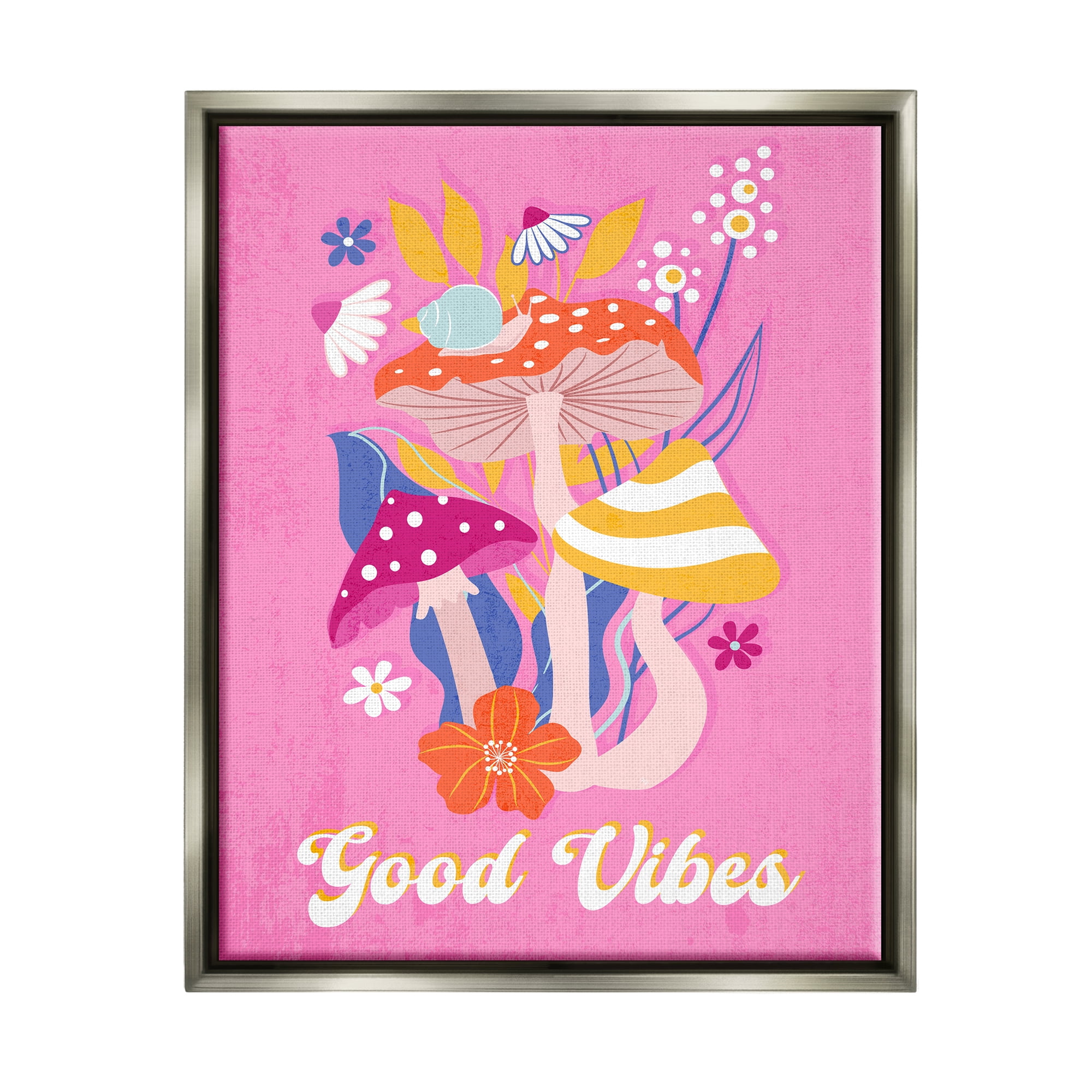 Stupell Industries Good Vibes Retro Mushrooms Botanical & Floral Painting Gray Floater Framed Canvas Art Print Wall Art, 25 x 31