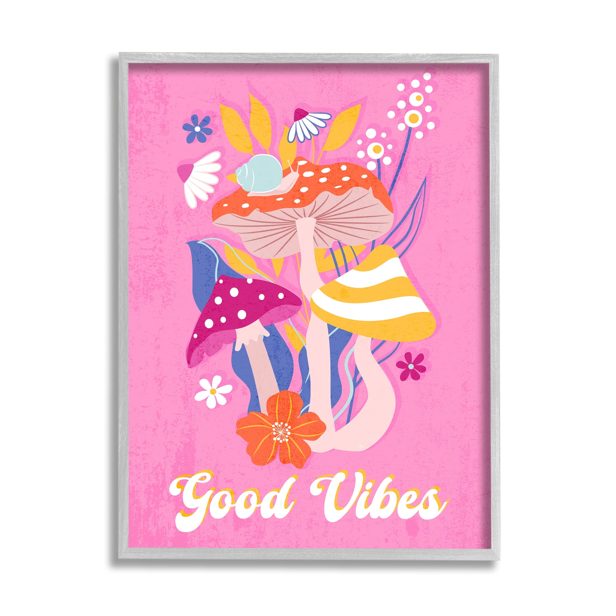 Stupell Industries Good Vibes Retro Mushrooms Botanical & Floral Painting Gray Framed Art Print Wall Art, 24 x 30