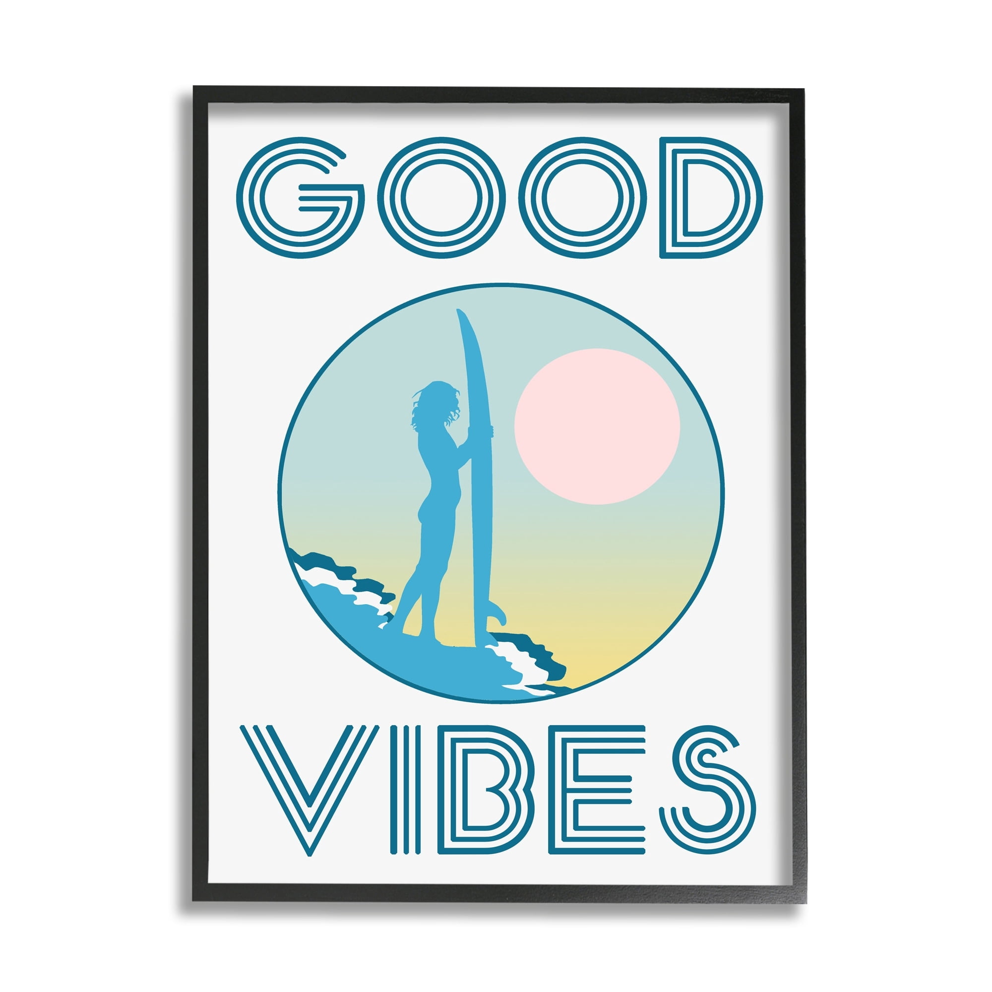 Stupell Industries Good Vibes Text Blue Surfer Chick Sunset Black Framed by Daphne Polselli