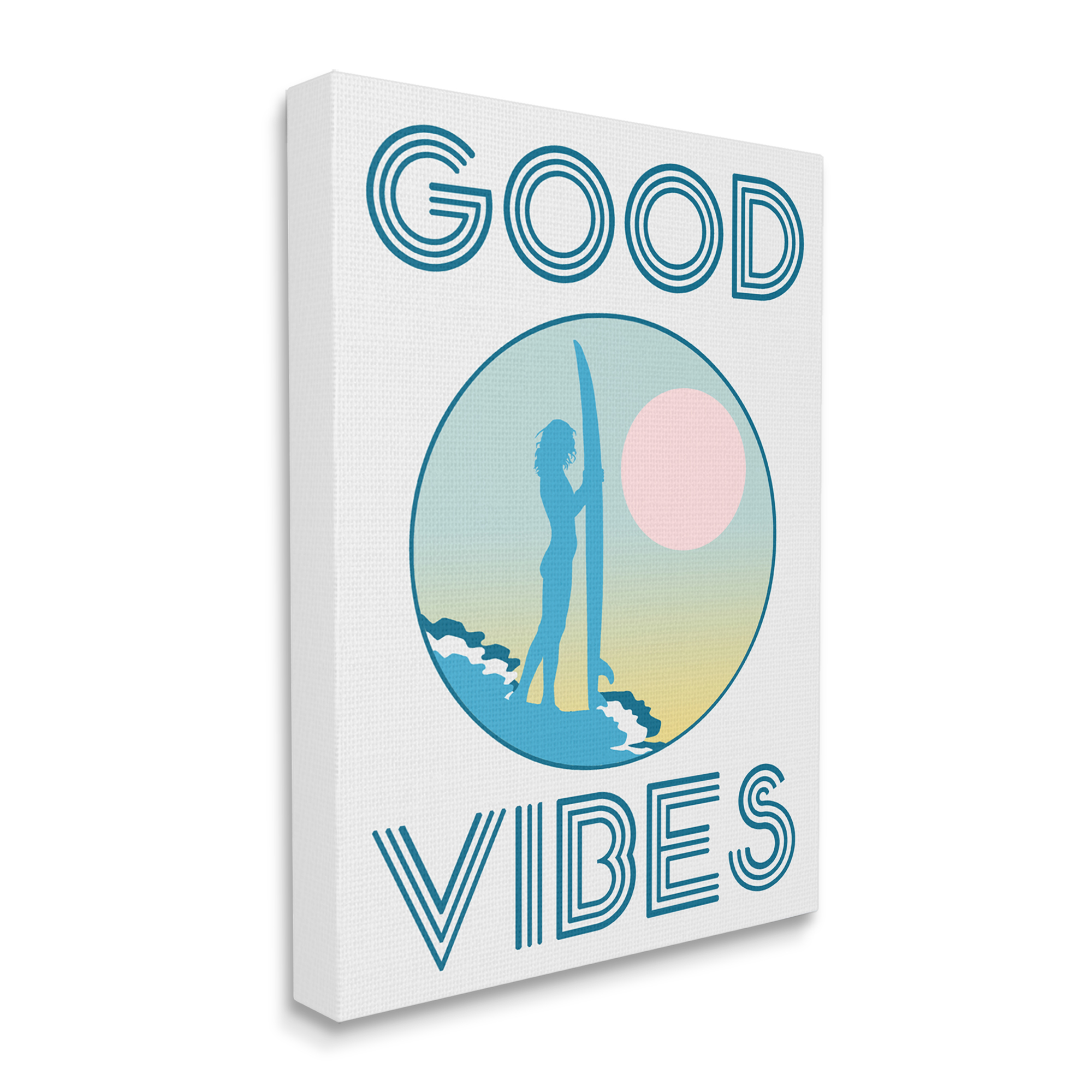 Stupell Industries Good Vibes Text Blue Surfer Chick Sunset Canvas Wall Art by Daphne Polselli