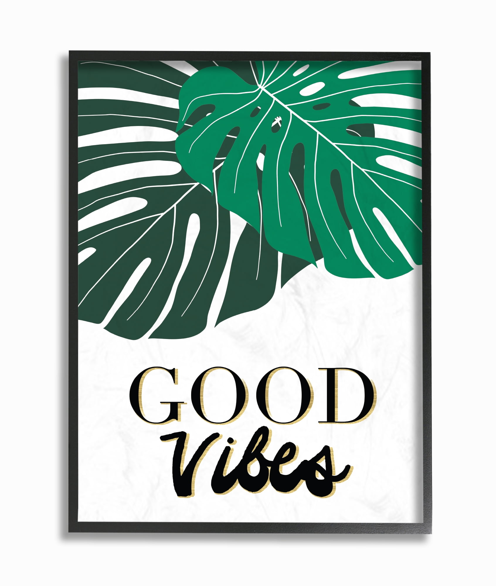 Stupell Industries Good Vibes Tropical Monstera Typography Botanical & Floral Painting Black Framed Art Print Wall Art, 16 x 20