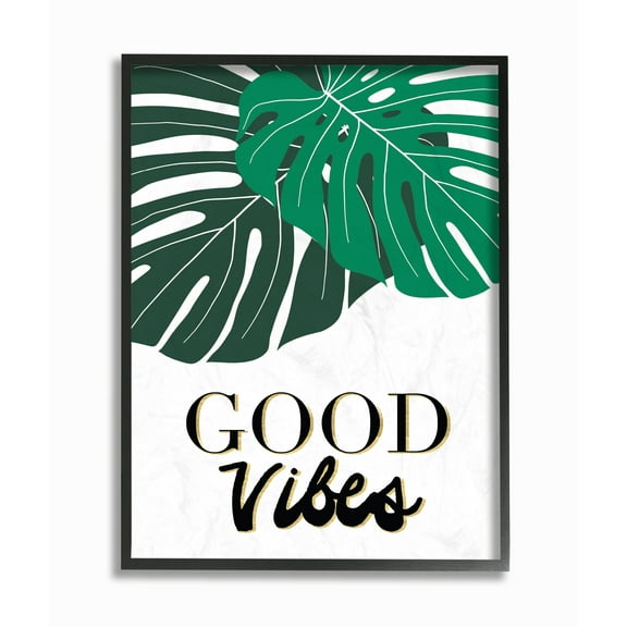 Stupell Industries Good Vibes Tropical Monstera Typography Botanical & Floral Painting Black Framed Art Print Wall Art, 16 x 20