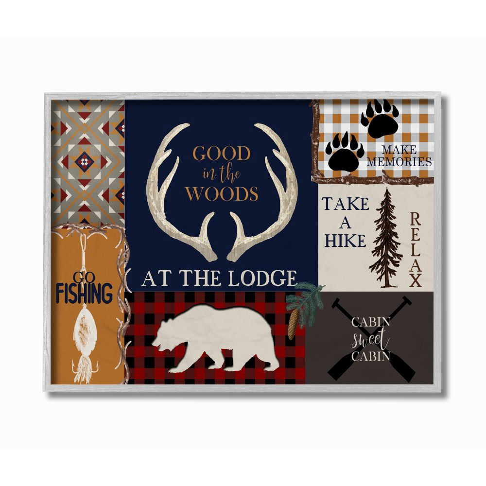 Stupell Industries Good in the Woods Rustic Forest Animal Camping Collage Framed Wall Art Design by Kim Allen, 11" x 14", Gray Framed
