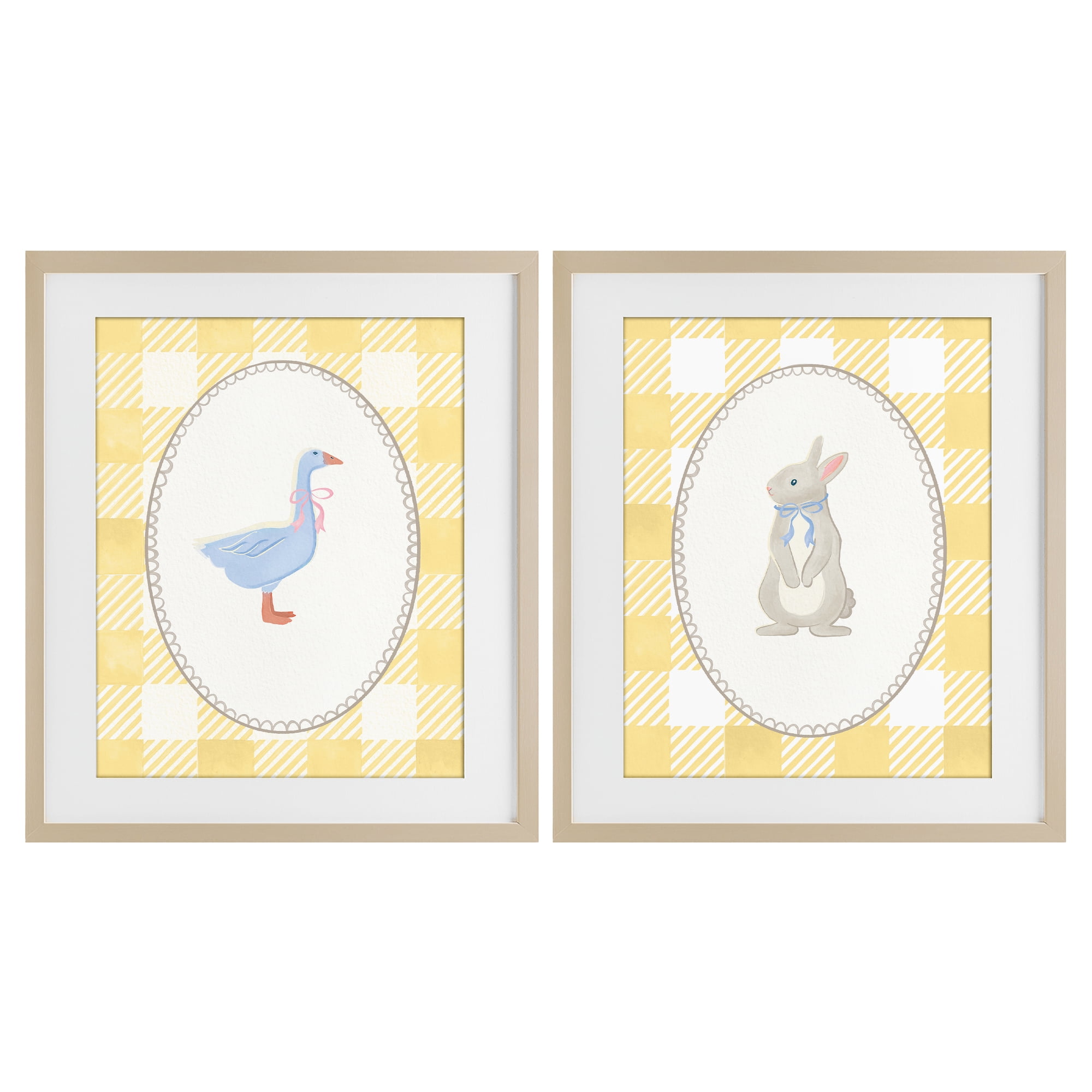 Stupell Industries Goose & Bunny Yellow Gingham 2 Piece Birch Framed Print Under Glass Set, design by The Paper Curator