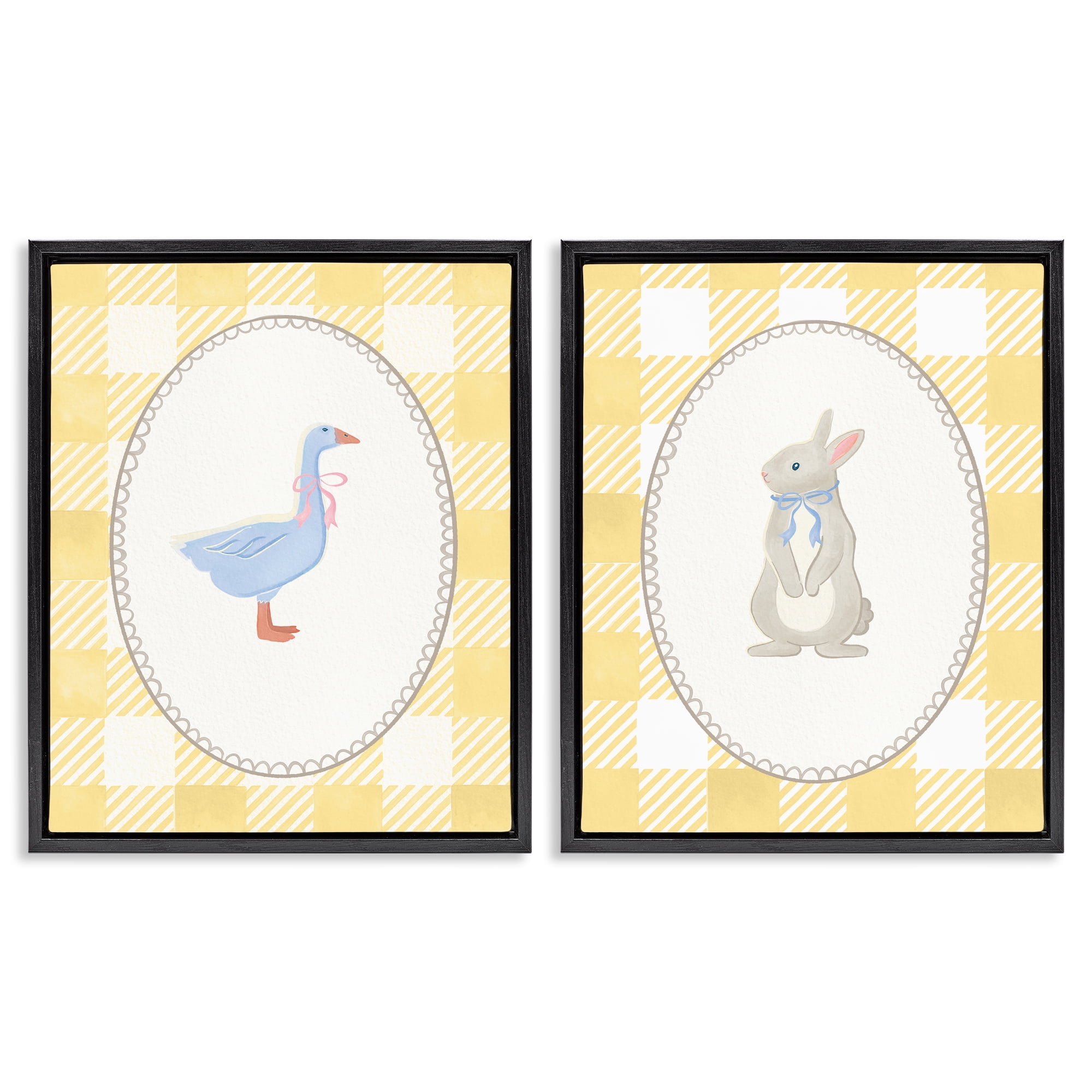 Stupell Industries Goose & Bunny Yellow Gingham 2 Piece Black Framed Floater Canvas Set, design by The Paper Curator
