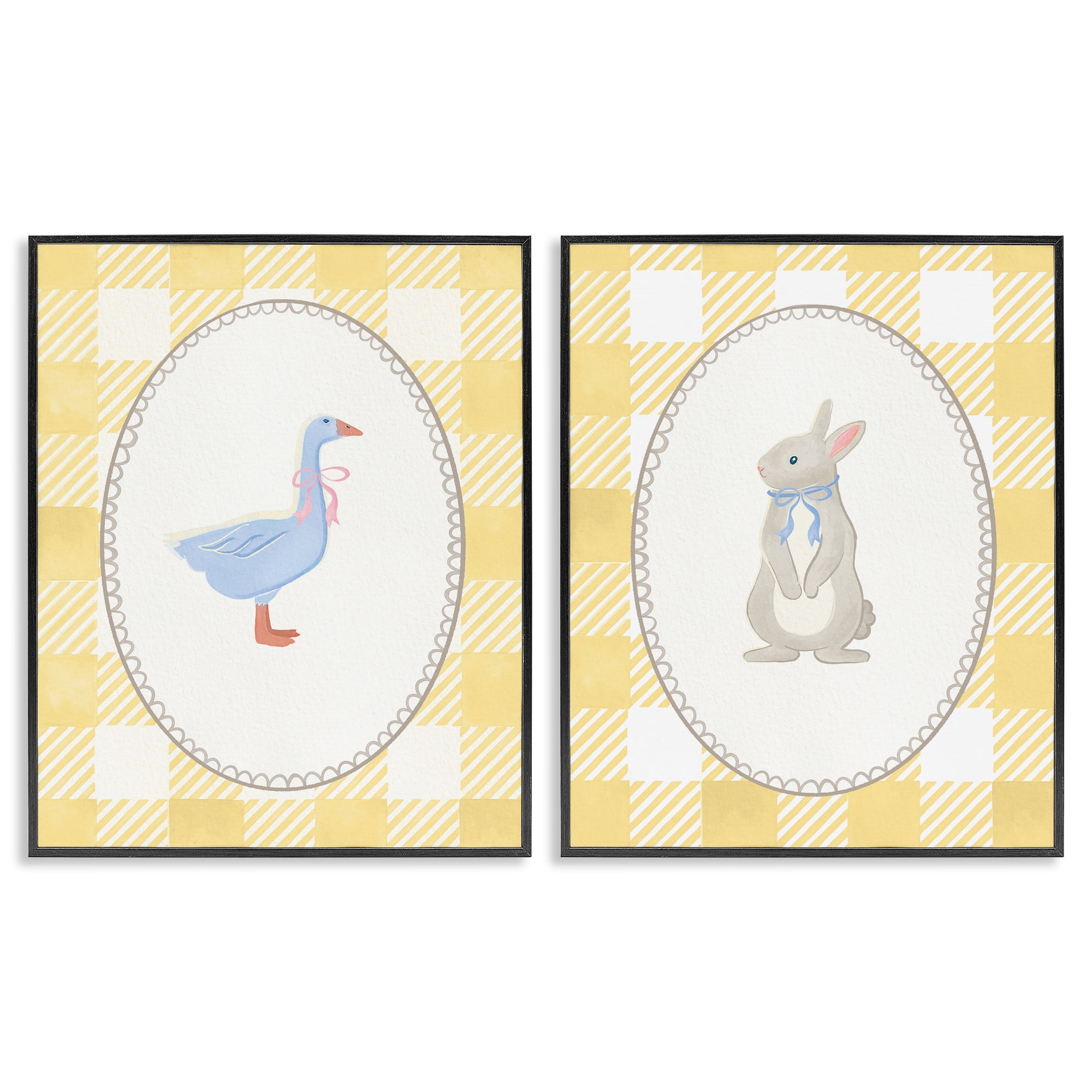 Stupell Industries Goose & Bunny Yellow Gingham 2 Piece Black Framed Giclee Art Set, design by The Paper Curator