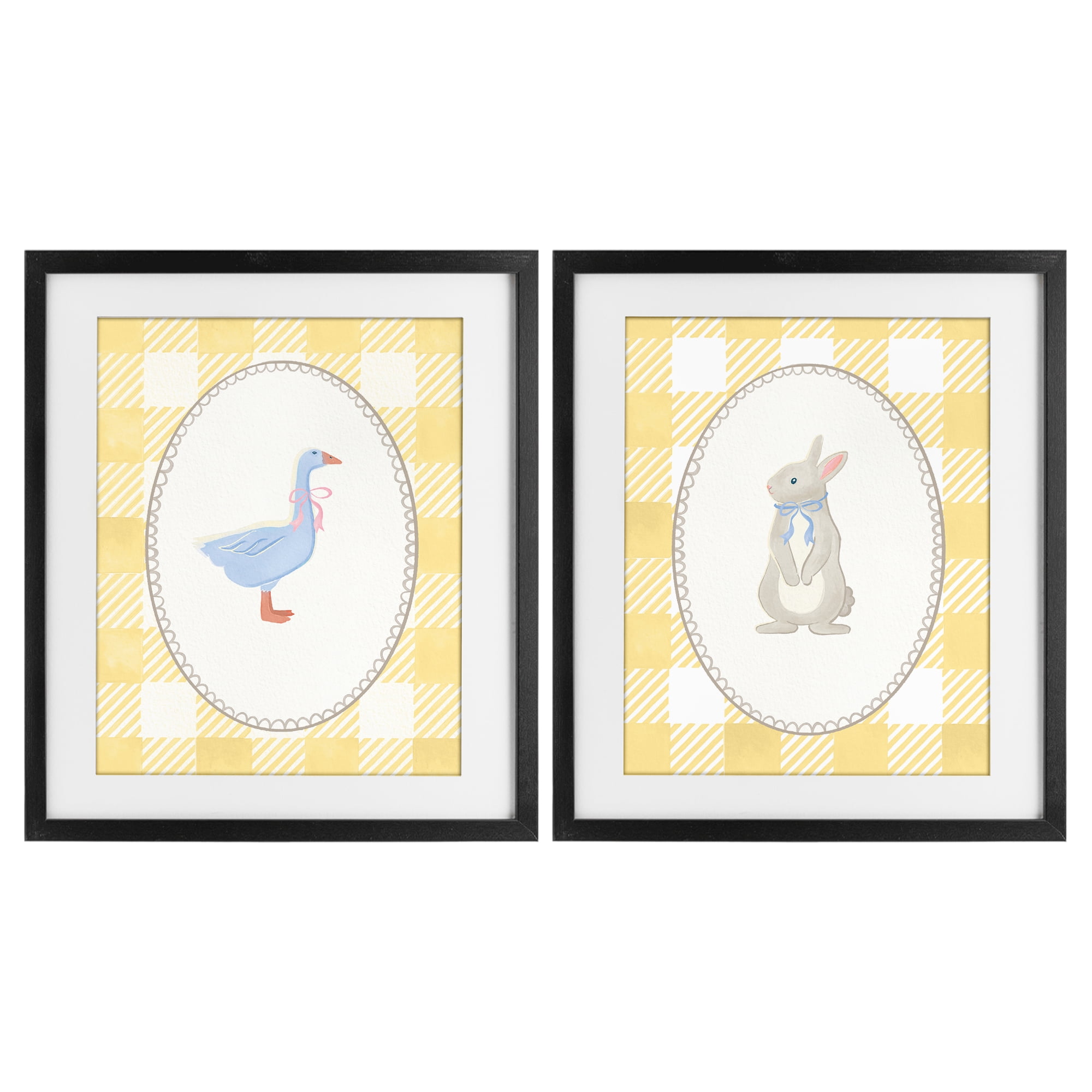 Stupell Industries Goose & Bunny Yellow Gingham 2 Piece Black Framed Print Under Glass Set, design by The Paper Curator