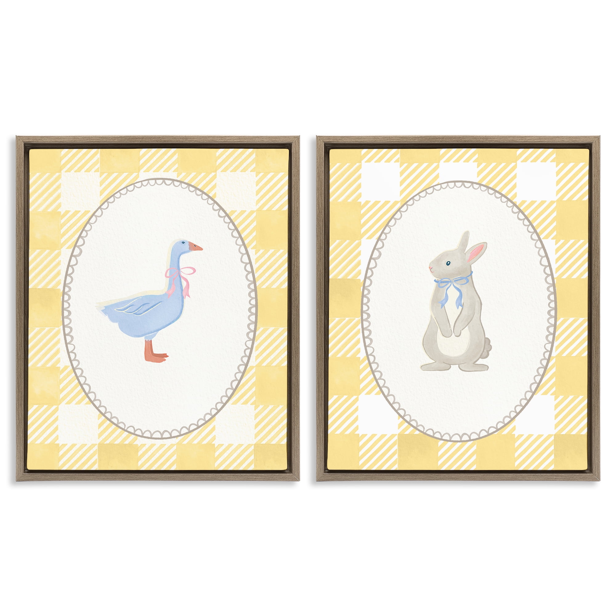 Stupell Industries Goose & Bunny Yellow Gingham 2 Piece Brown Framed Floater Canvas Set, design by The Paper Curator