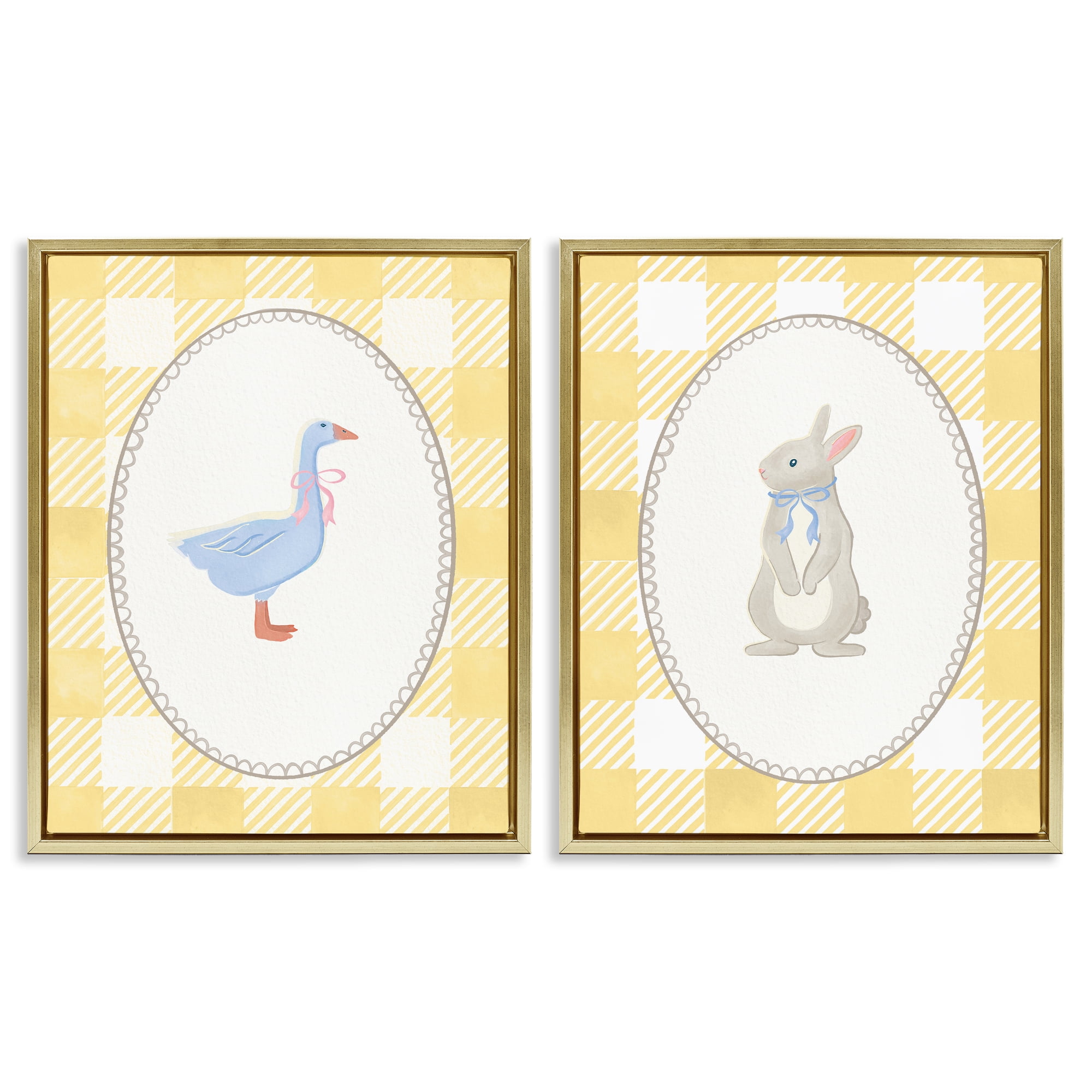 Stupell Industries Goose & Bunny Yellow Gingham 2 Piece Gold Framed Floater Canvas Set, design by The Paper Curator