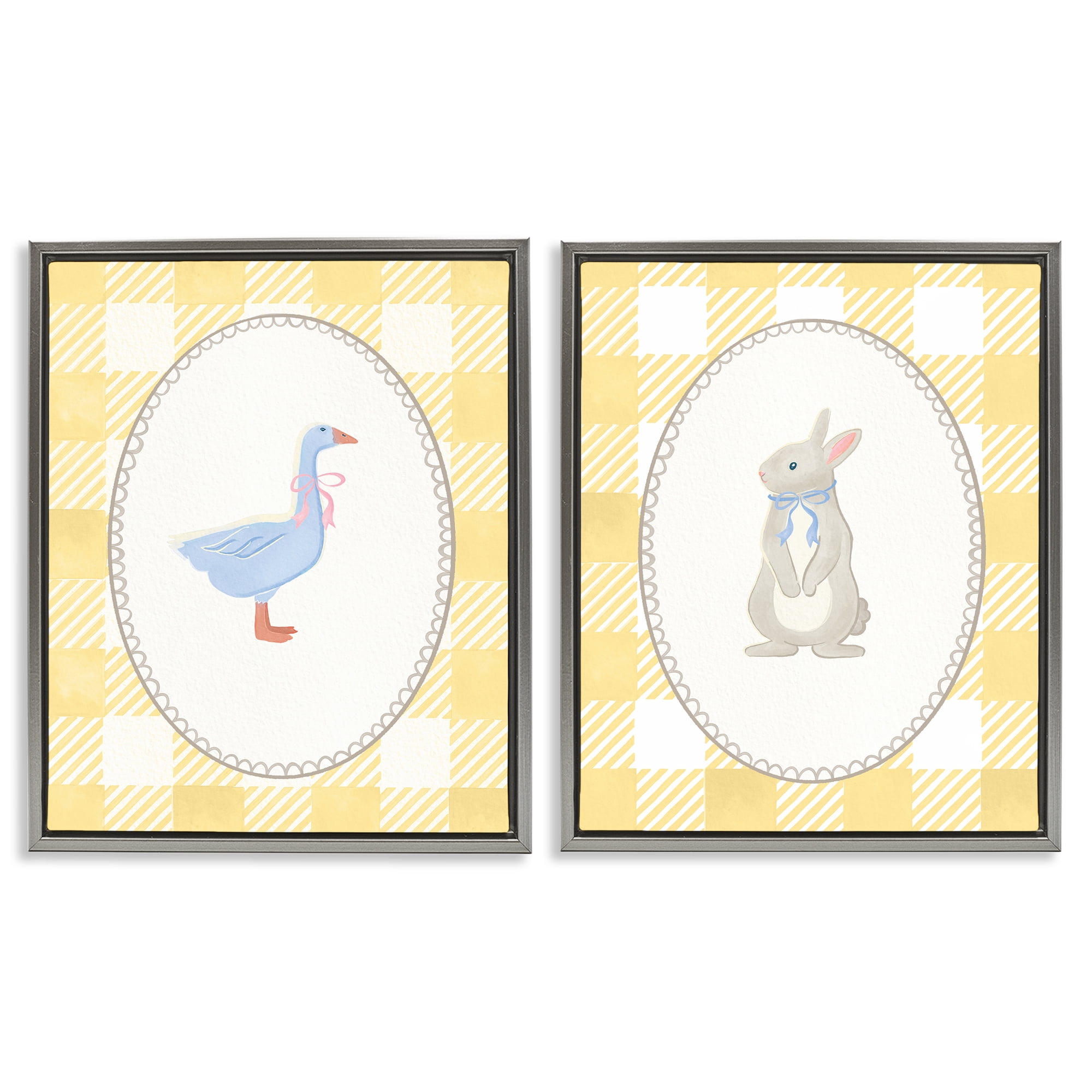 Stupell Industries Goose & Bunny Yellow Gingham 2 Piece Gray Framed Floater Canvas Set, design by The Paper Curator