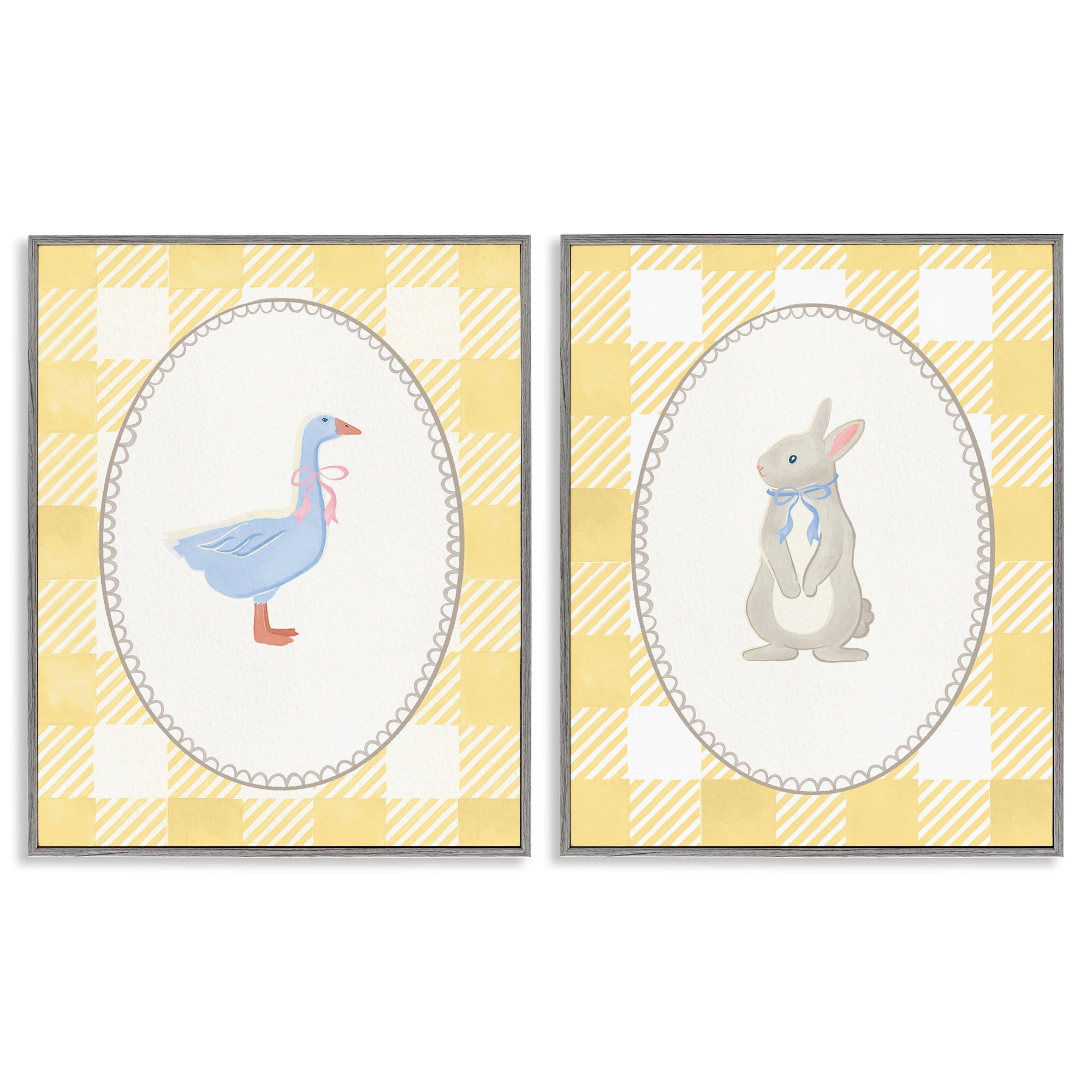 Stupell Industries Goose & Bunny Yellow Gingham 2 Piece Gray Framed Giclee Art Set, design by The Paper Curator