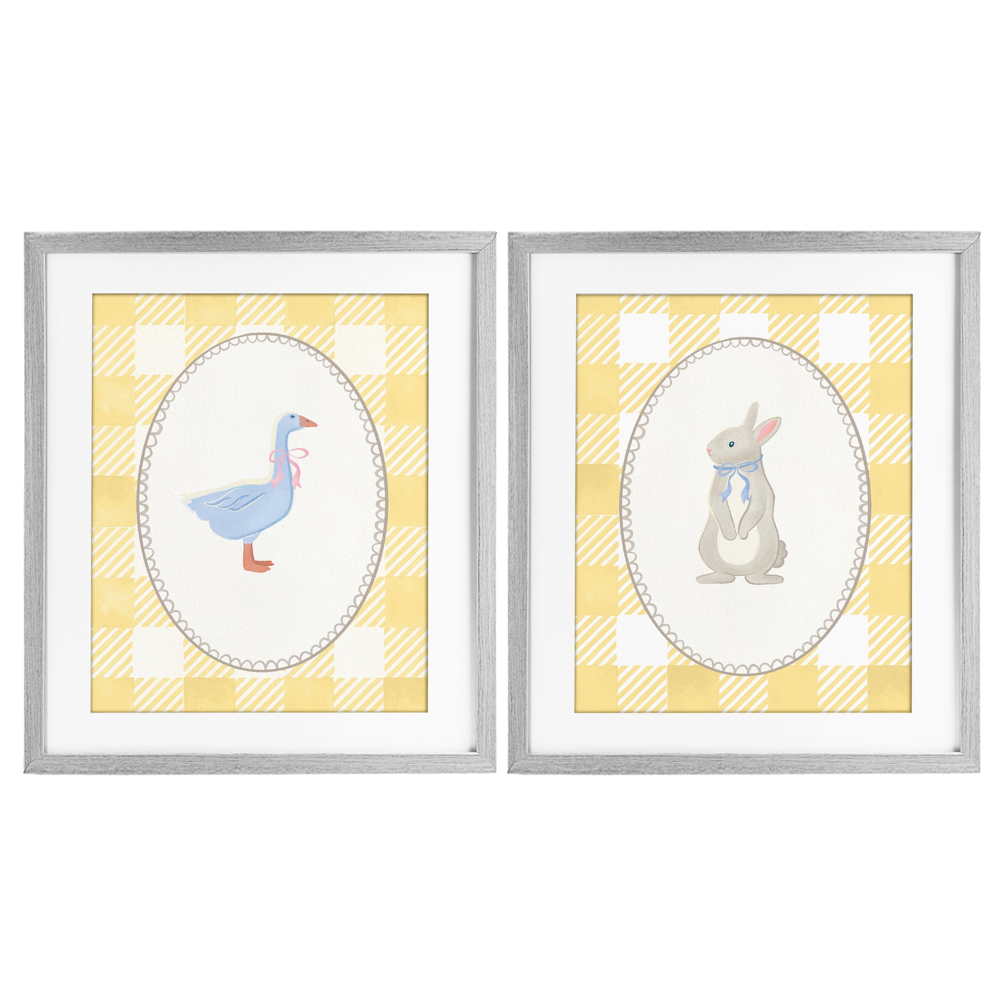 Stupell Industries Goose & Bunny Yellow Gingham 2 Piece Gray Framed Print Under Glass Set, design by The Paper Curator