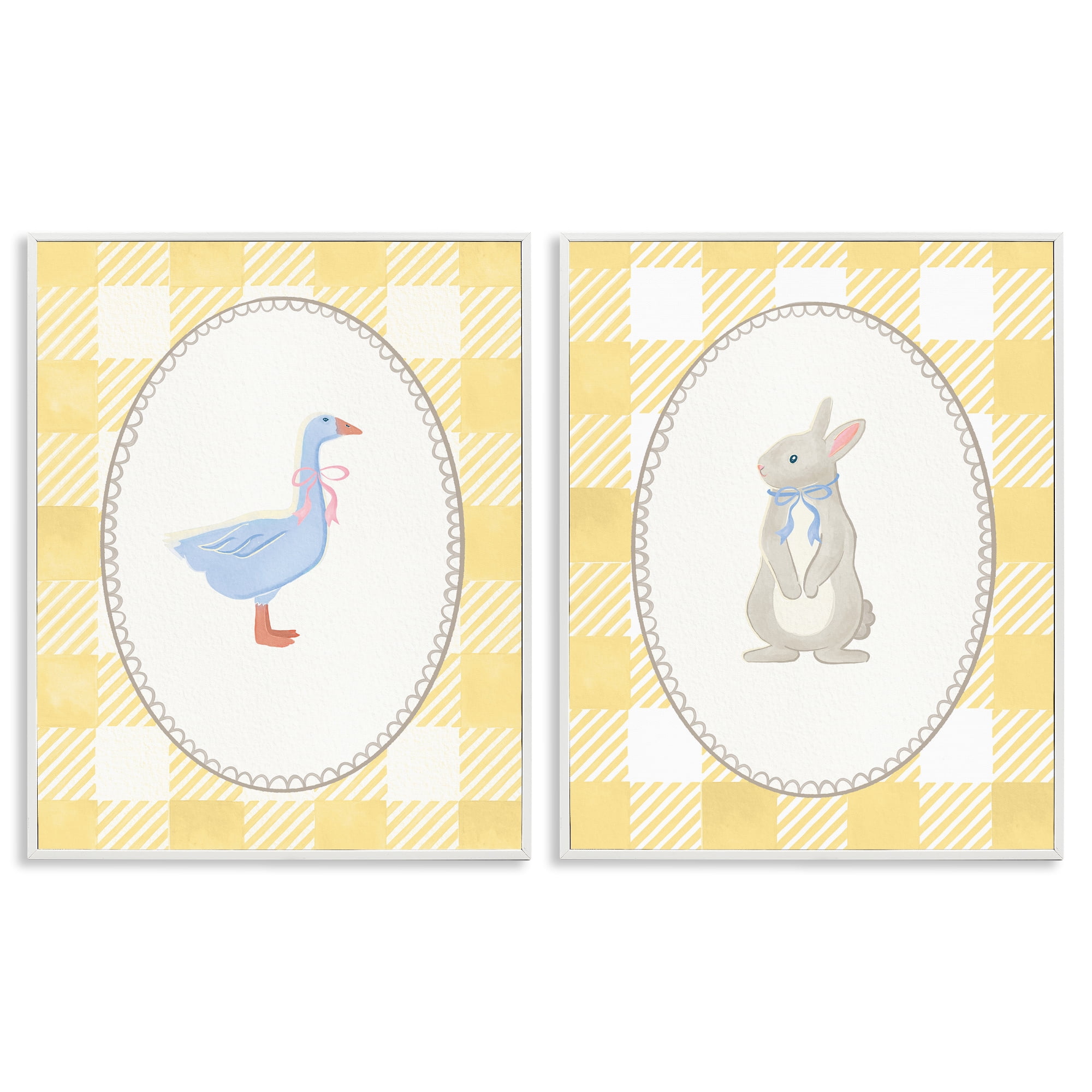 Stupell Industries Goose & Bunny Yellow Gingham 2 Piece White Framed Giclee Art Set, design by The Paper Curator