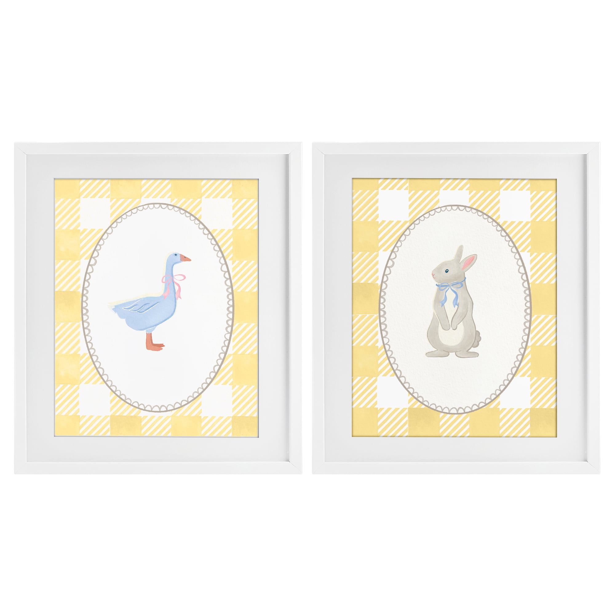 Stupell Industries Goose & Bunny Yellow Gingham 2 Piece White Framed Print Under Glass Set, design by The Paper Curator