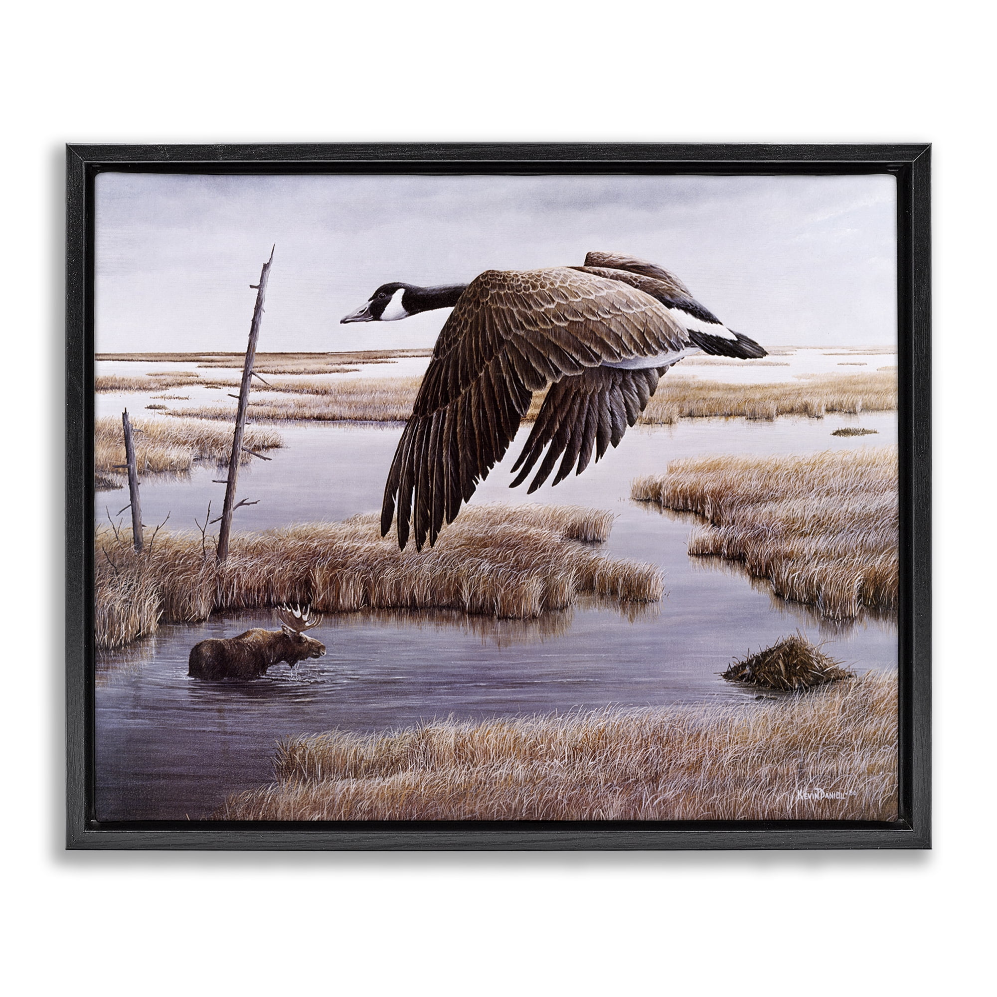 Stupell Industries Goose Over Creek Animals Painting Black Floater Framed Canvas Art Print Wall Art, 31 x 25