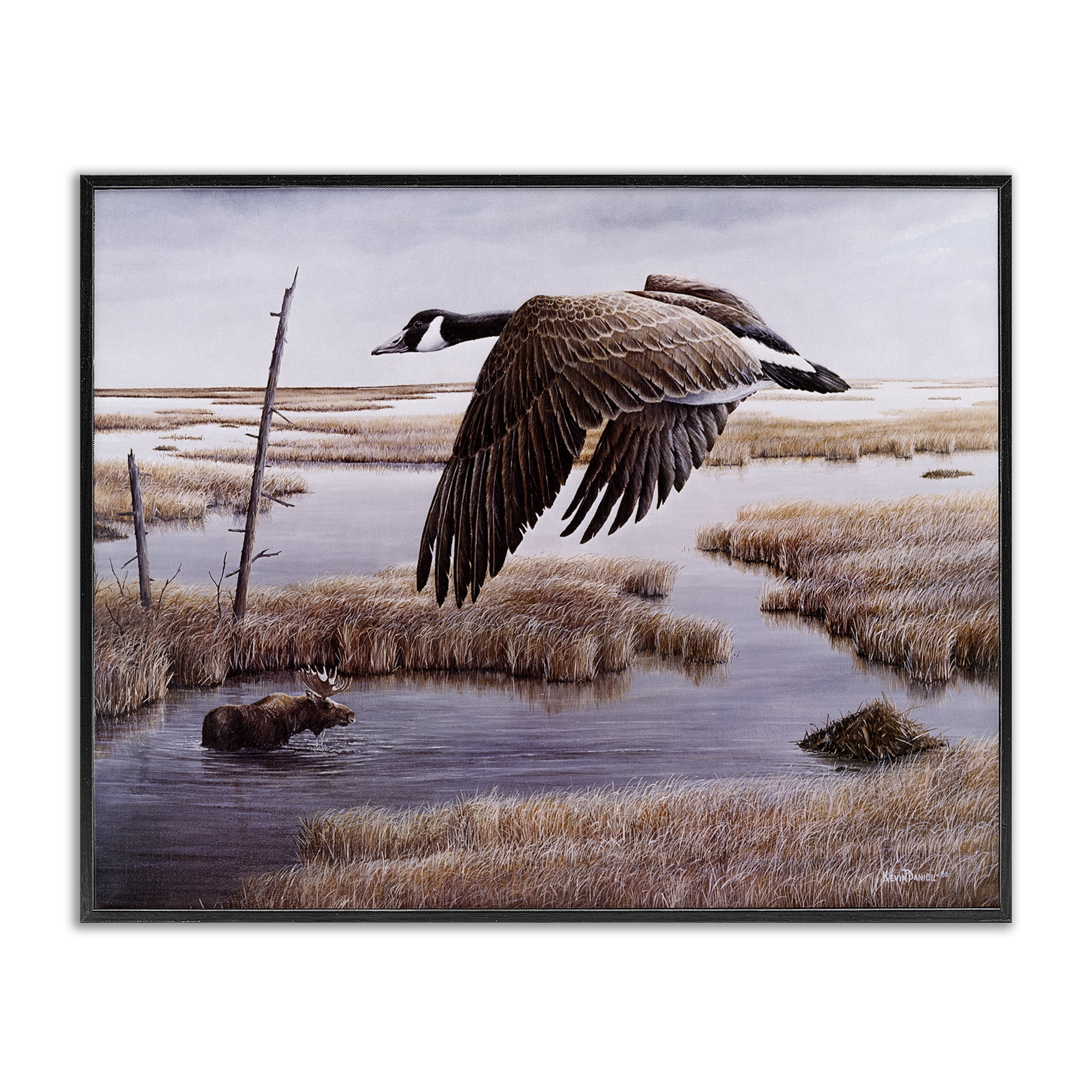 Stupell Industries Goose Over Creek Animals Painting Black Framed Art Print Wall Art, 30 x 24